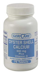 Geri-Care Oyster Shell Calcium Plus Vitamin D Nutritional Supplement, 500 mg, 75 Tablets