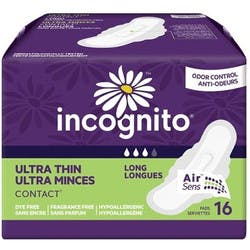 Incognito Ultra Thin Maxi Pad with Wings, Long, Super Absorbency