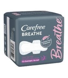 Carefree Breathe Ultra Thin with Wings Pads, Overnight Absorbency