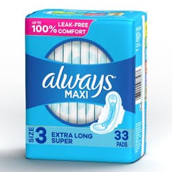 Always Maxi Pads with Wings,Size 3, Extra Long, Super Absorbency