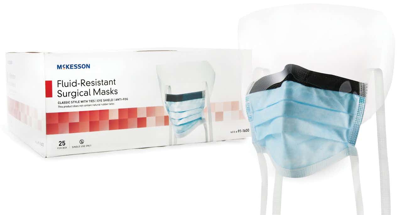 McKesson Fluid-Resistant Surgical Masks with Eye Shield, Classic Style with Ties