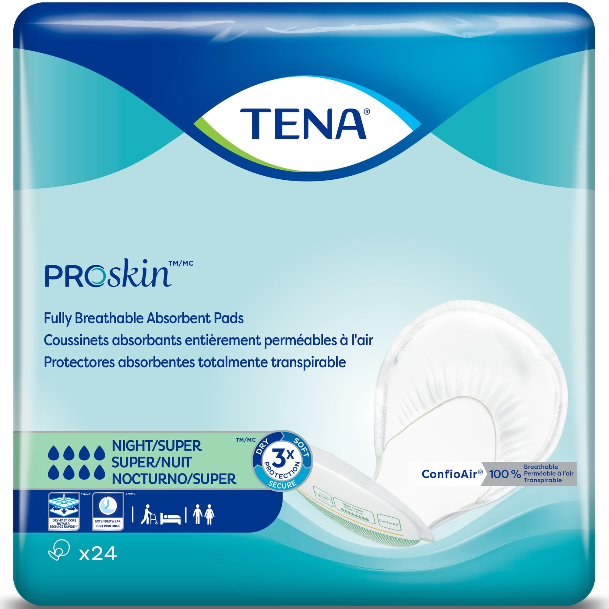 TENA Night Super Heavy Incontinence Pad, Super Absorbency, 62718, PK24, FRONT