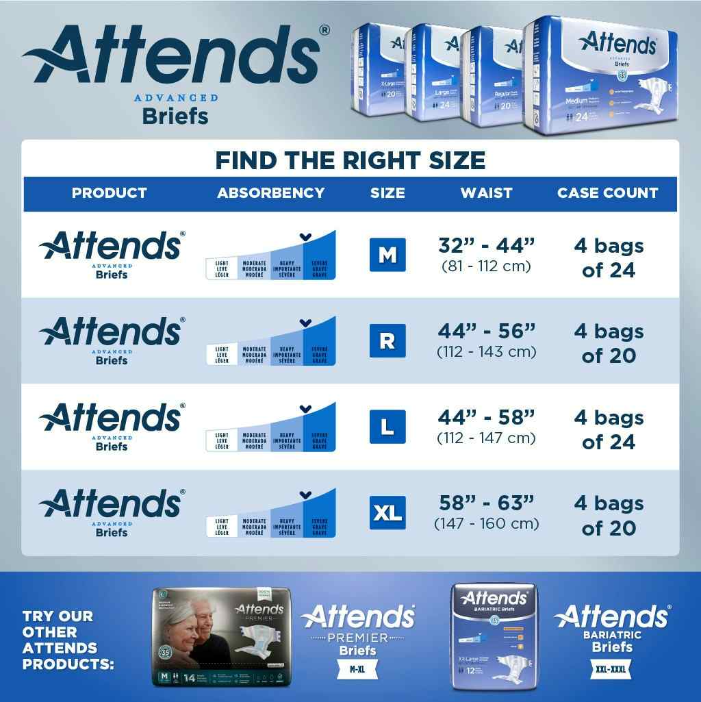Attends Advanced Adult Diapers with Tabs, Severe, Size Chart