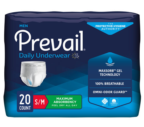 Prevail Daily Pull-Up Underwear For Men, Maximum, PUM-512-1, Small/Medium (28-40") - Pack of 20