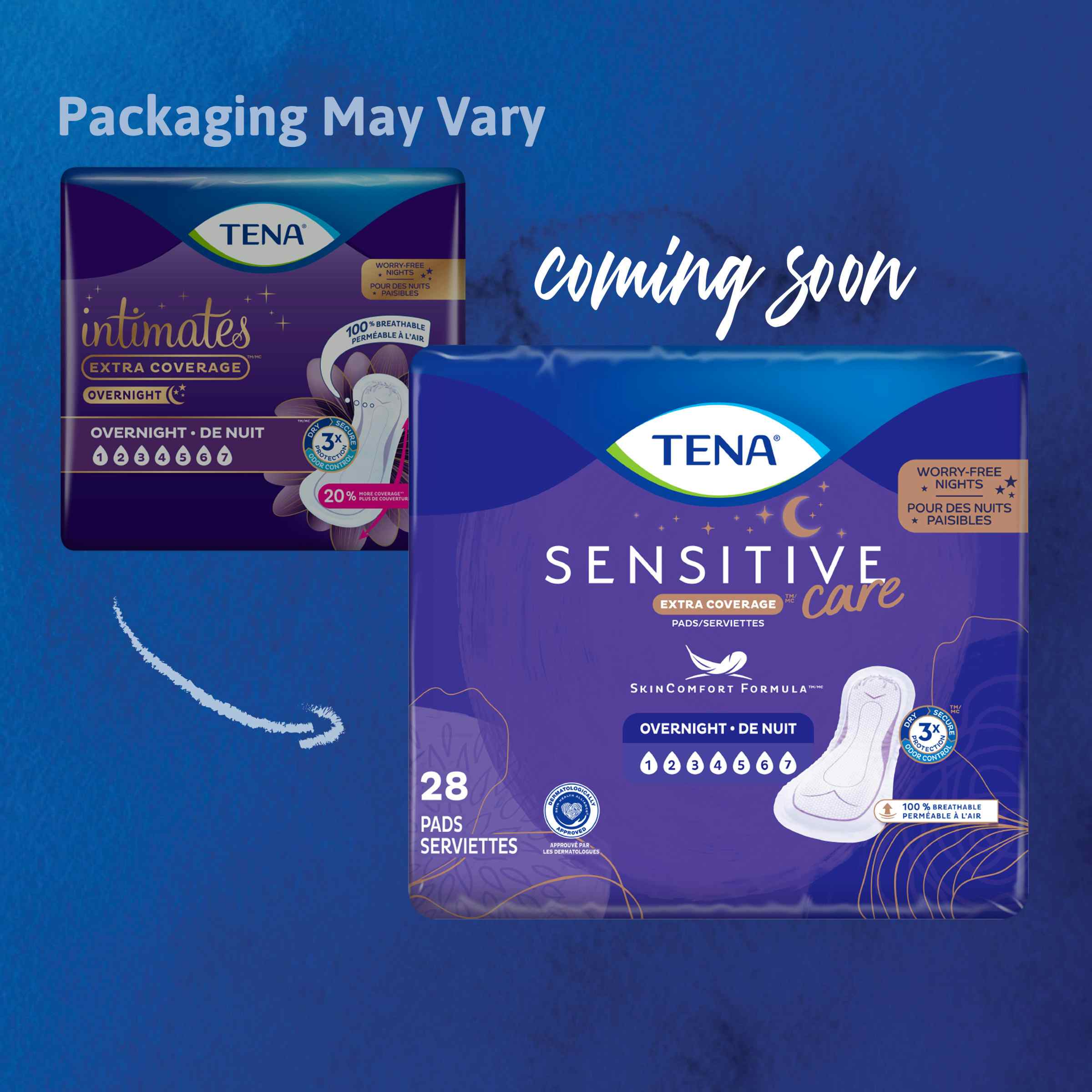 TENA Intimates Overnight Incontinence Pads, Maximum Absorbency, Old vs New Packaging