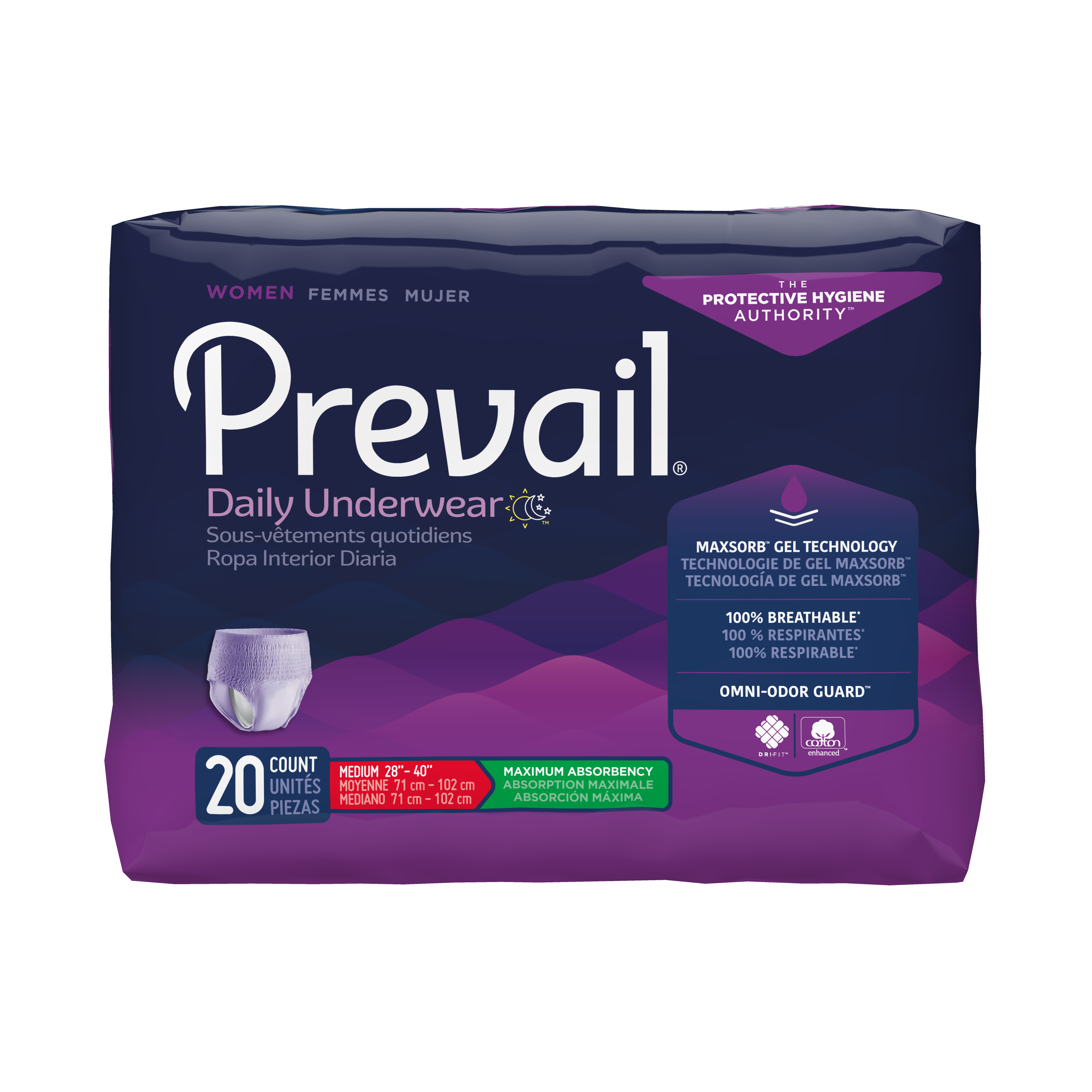 Prevail Daily Pull-Up Underwear For Women, Maximum,PWC-512/1,Medium 28-40" - Pack of 20