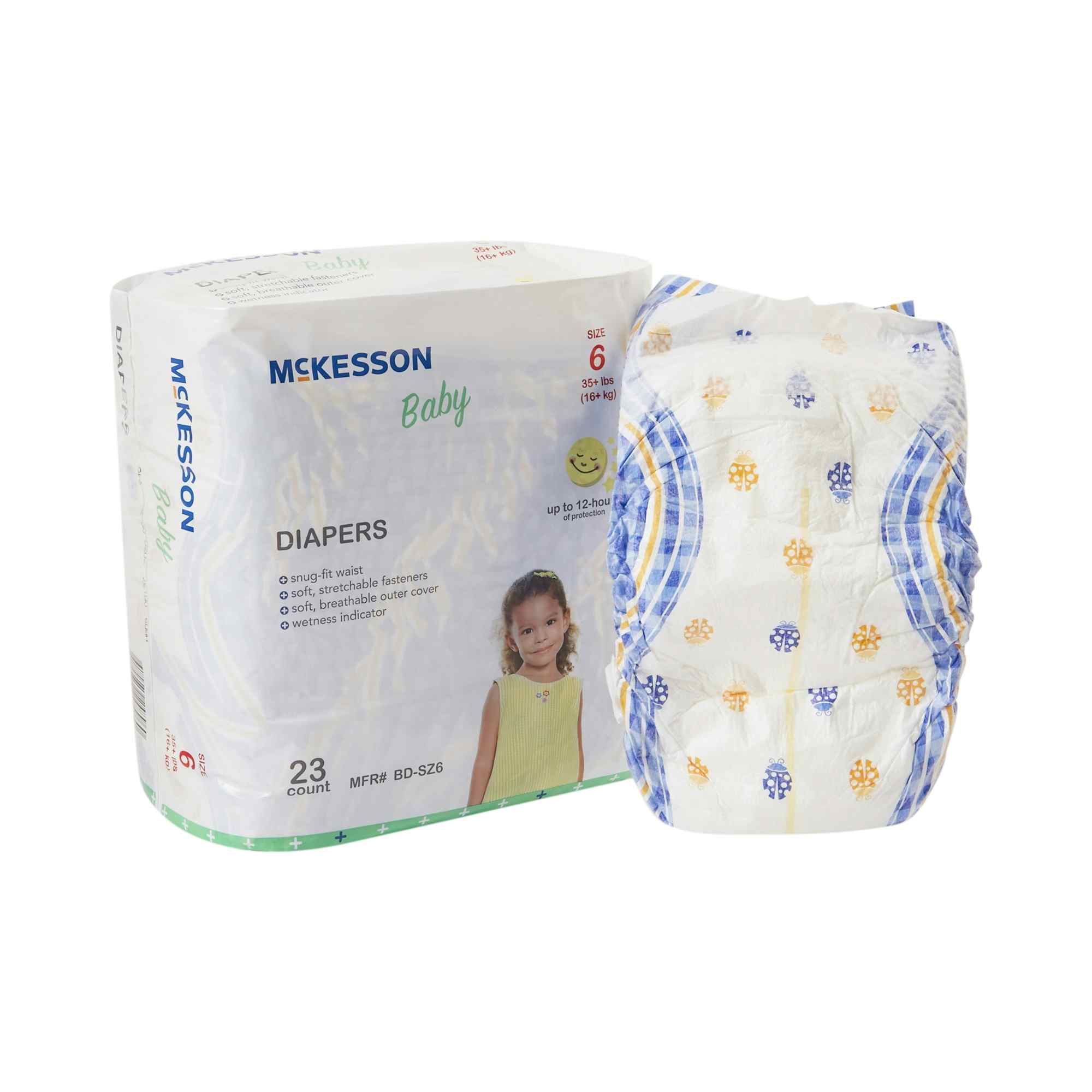 McKesson Disposable Unisex Baby Diaper with Tabs, Moderate, BD-SZ6, Size 6 Over 35 lbs - Bag of 23