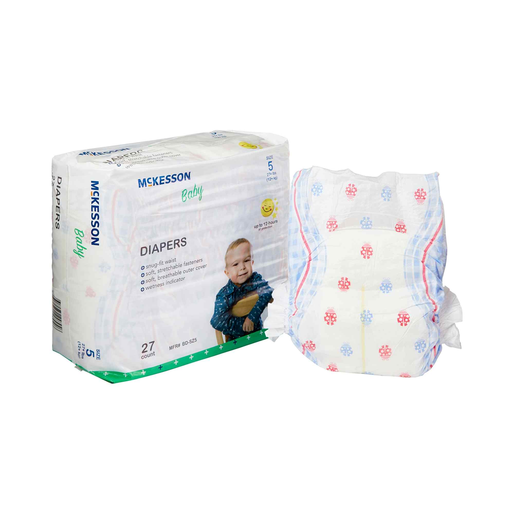 McKesson Disposable Unisex Baby Diaper with Tabs, Moderate, BD-SZ5, Size 5 Over 27 lbs - Case of 108