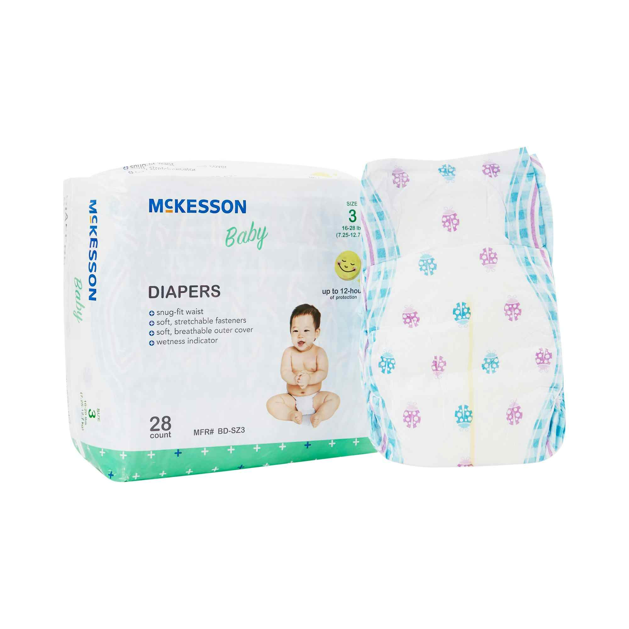 McKesson Disposable Unisex Baby Diaper with Tabs, Moderate, BD-SZ3, Size 3 16-28 lbs - Bag of 28