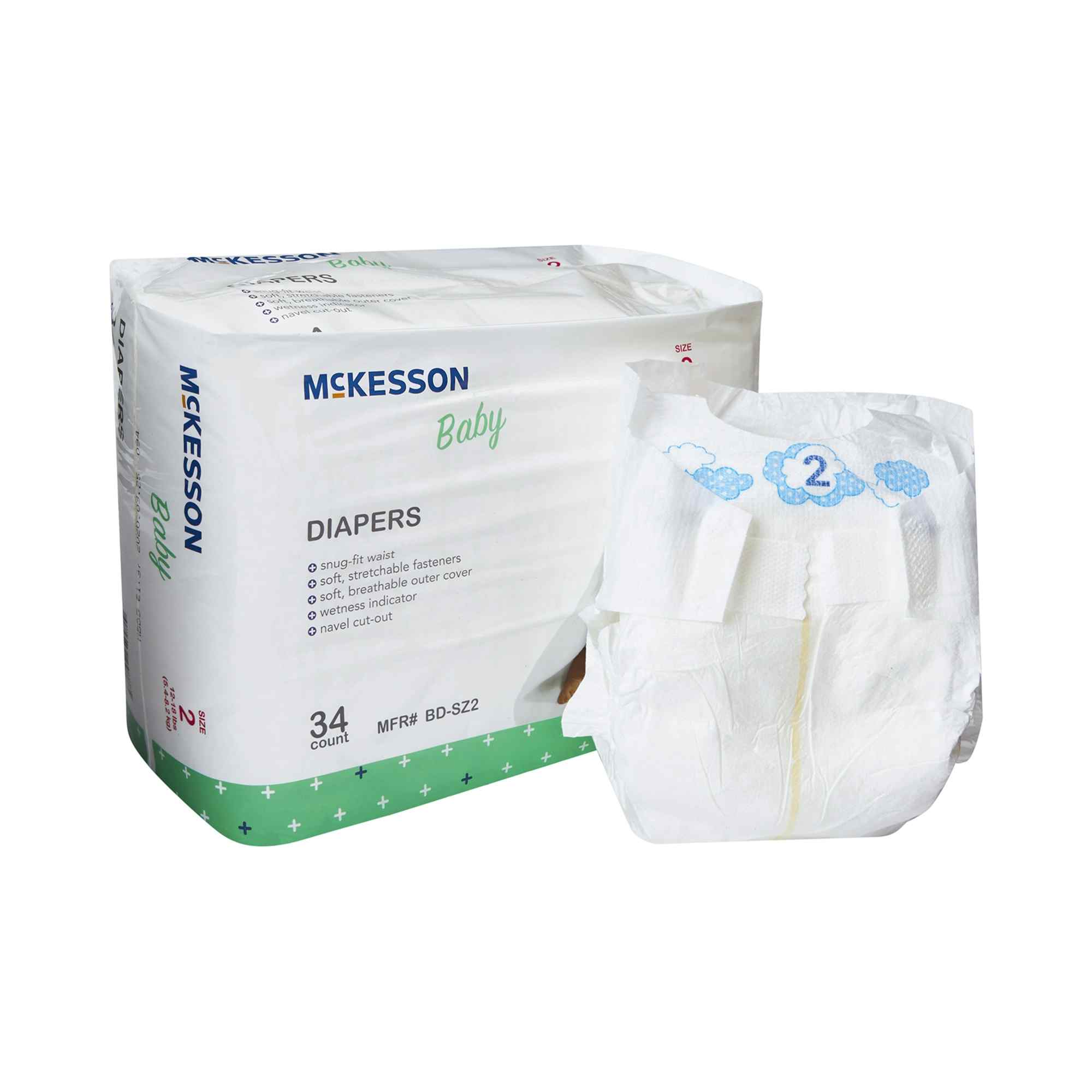 McKesson Disposable Unisex Baby Diaper with Tabs, Moderate, BD-SZ2, Size 2 12-18 lbs - Case of 136