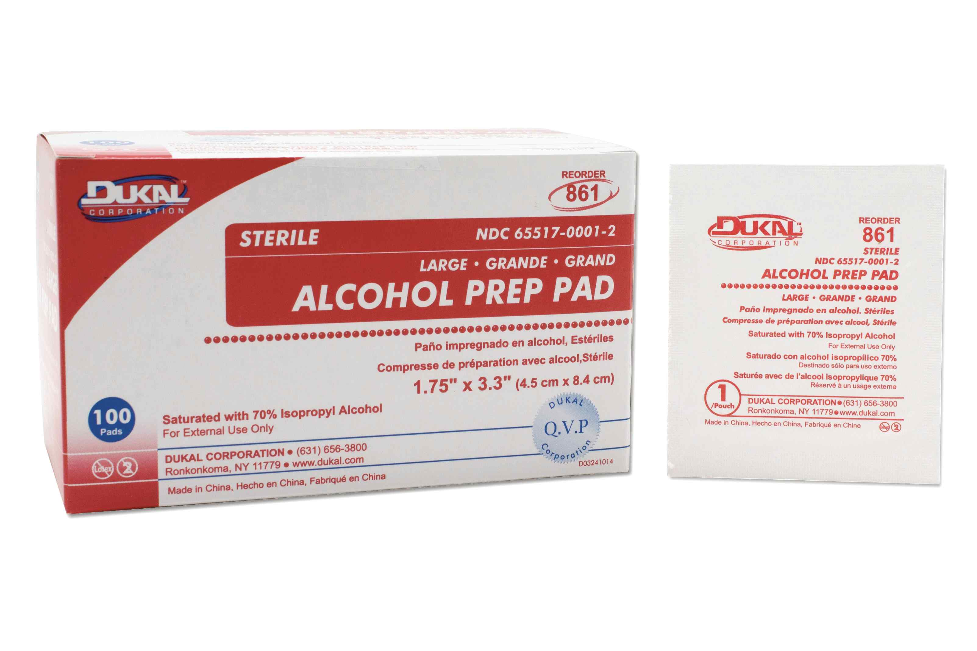 Dukal Large Alcohol Prep Pad, Individual Packet, 861, Box of 100