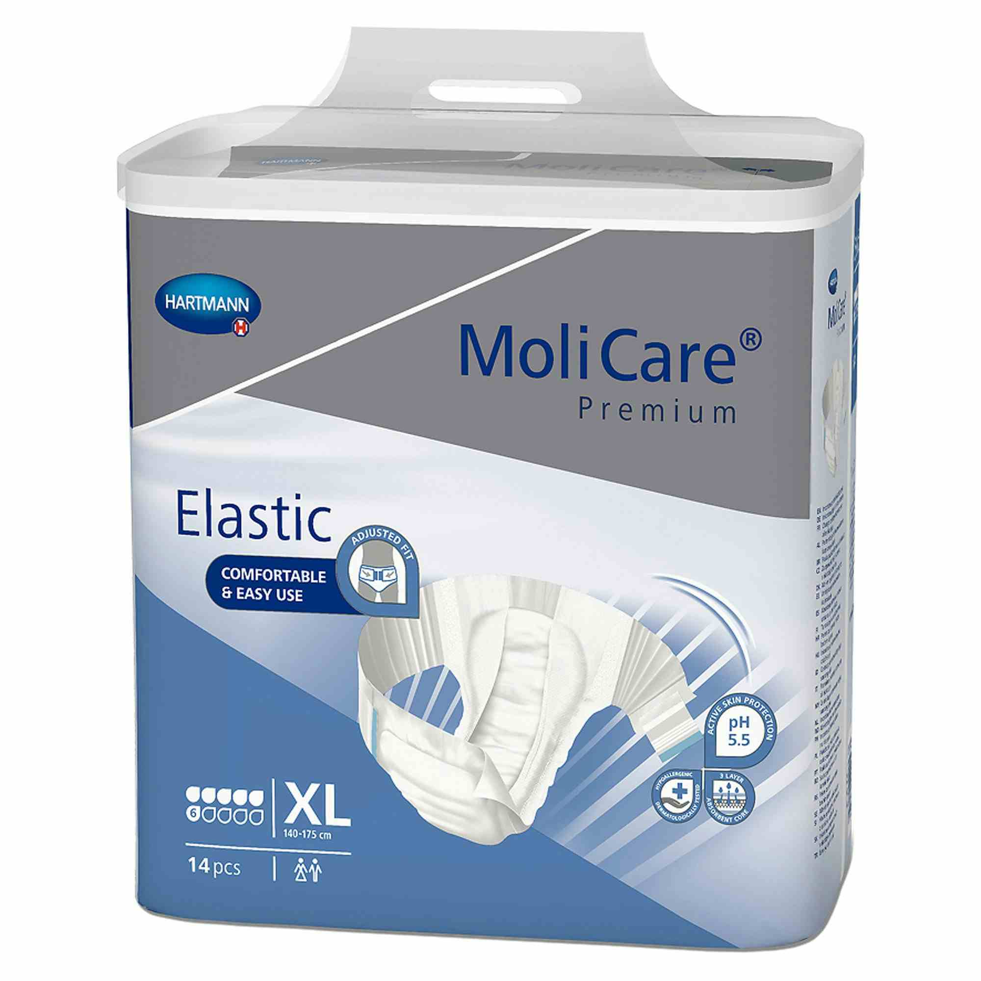 MoliCare Premium Elastic 6D Disposable Brief Adult Diapers with Tabs, Moderate Absorbency, 165274, X-Large (55-69") - Case of 56