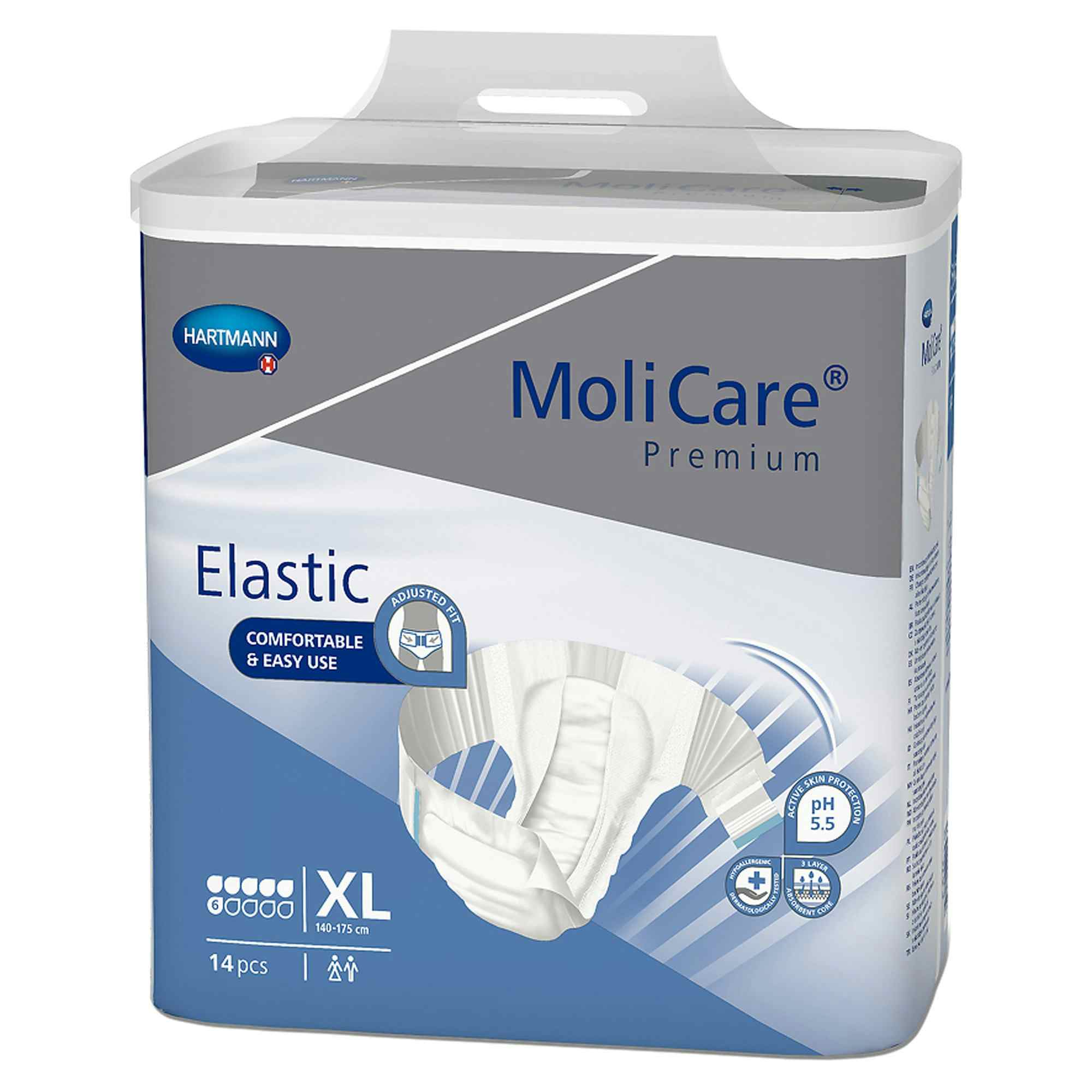 MoliCare Premium Elastic 6D Disposable Brief Adult Diapers with Tabs, Moderate Absorbency, 165274, X-Large (55-69") - Case of 56
