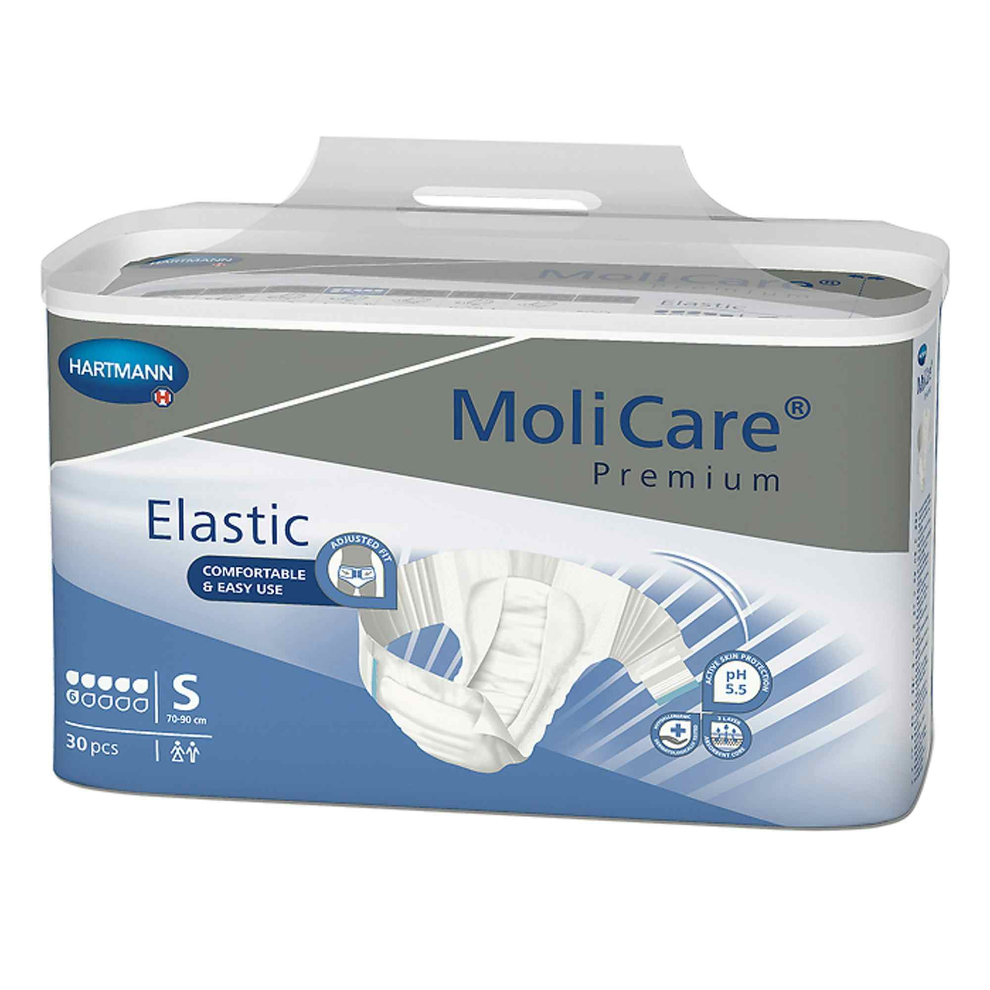 MoliCare Premium Elastic 6D Disposable Brief Adult Diapers with Tabs, Moderate Absorbency, 165271, Small (27-35") - Case of 90