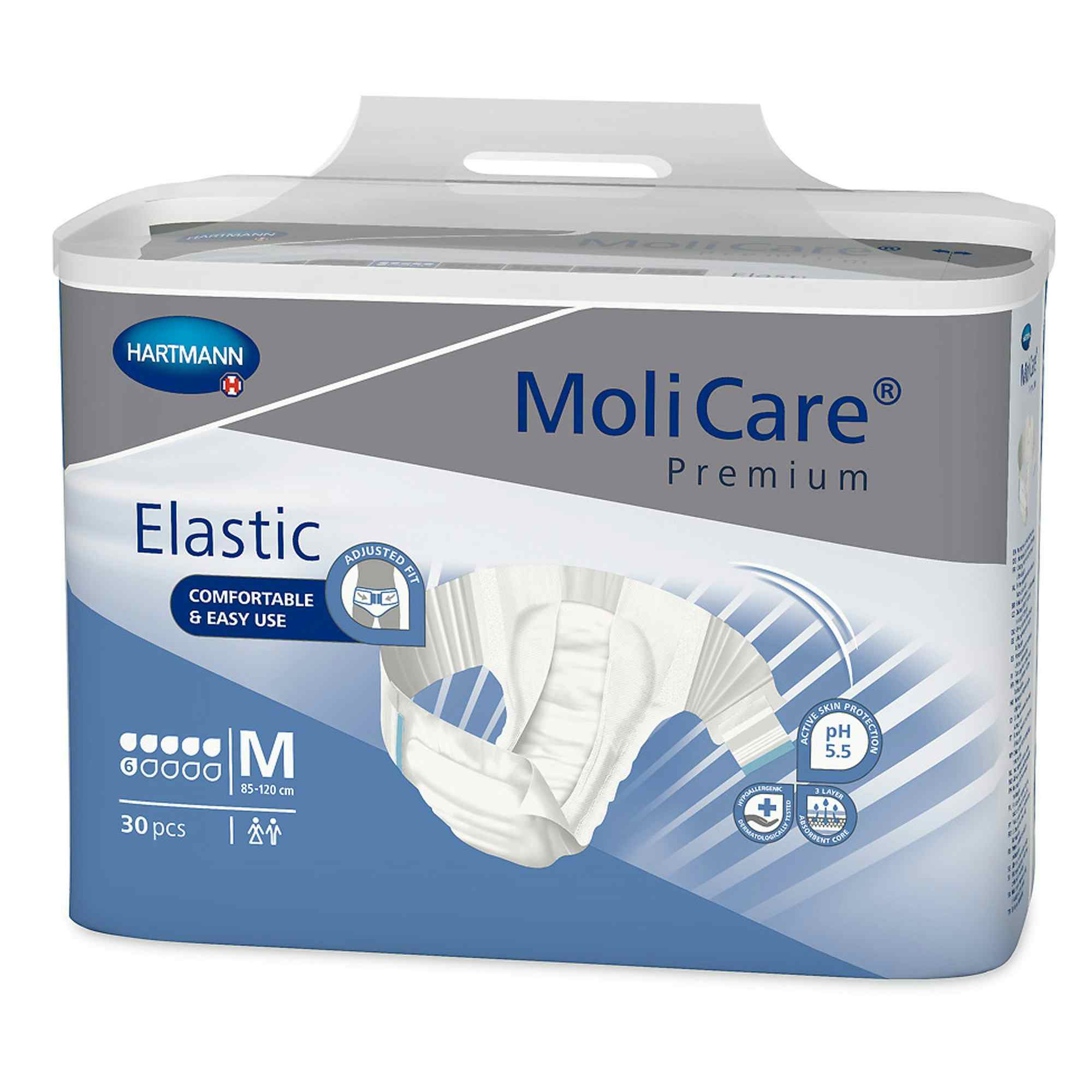 MoliCare Premium Elastic 6D Disposable Brief Adult Diapers with Tabs, Moderate Absorbency, 165272, Medium (33-47") - Case of 90