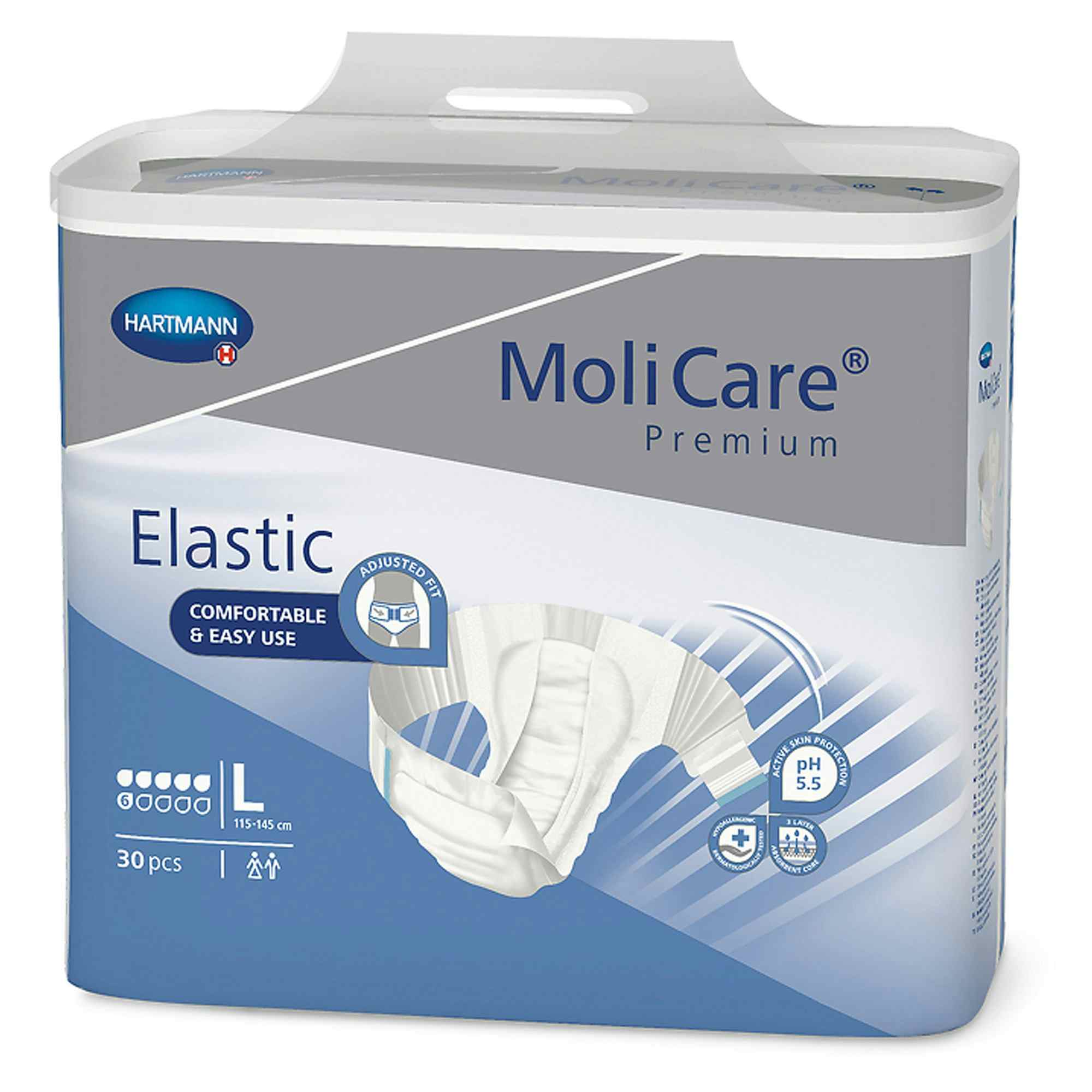 MoliCare Premium Elastic 6D Disposable Brief Adult Diapers with Tabs, Moderate Absorbency, 165273, Large (45-57") - Case of 90