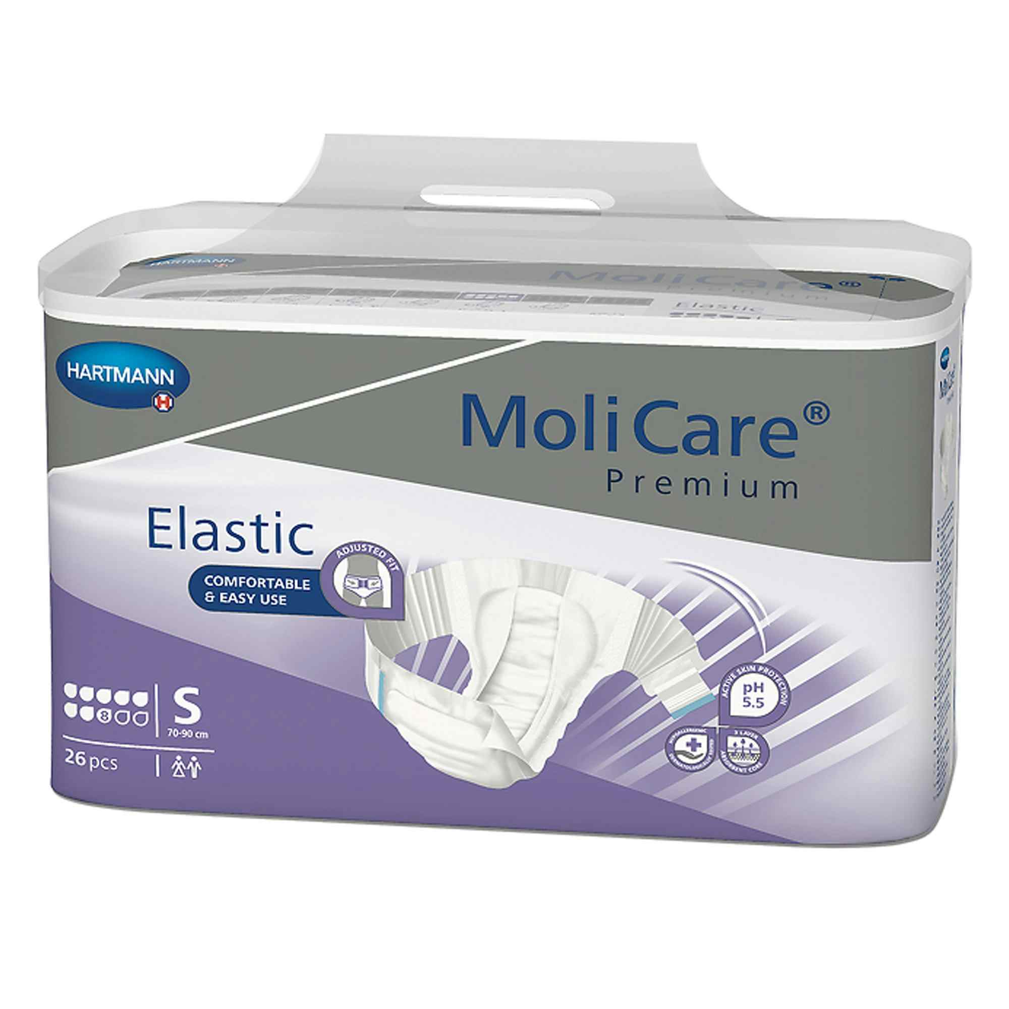 MoliCare Premium 8D Elastic Disposable Brief Adult Diapers with Tabs, Heavy Absorbency, 165471, Small (27-35") - Case of 90