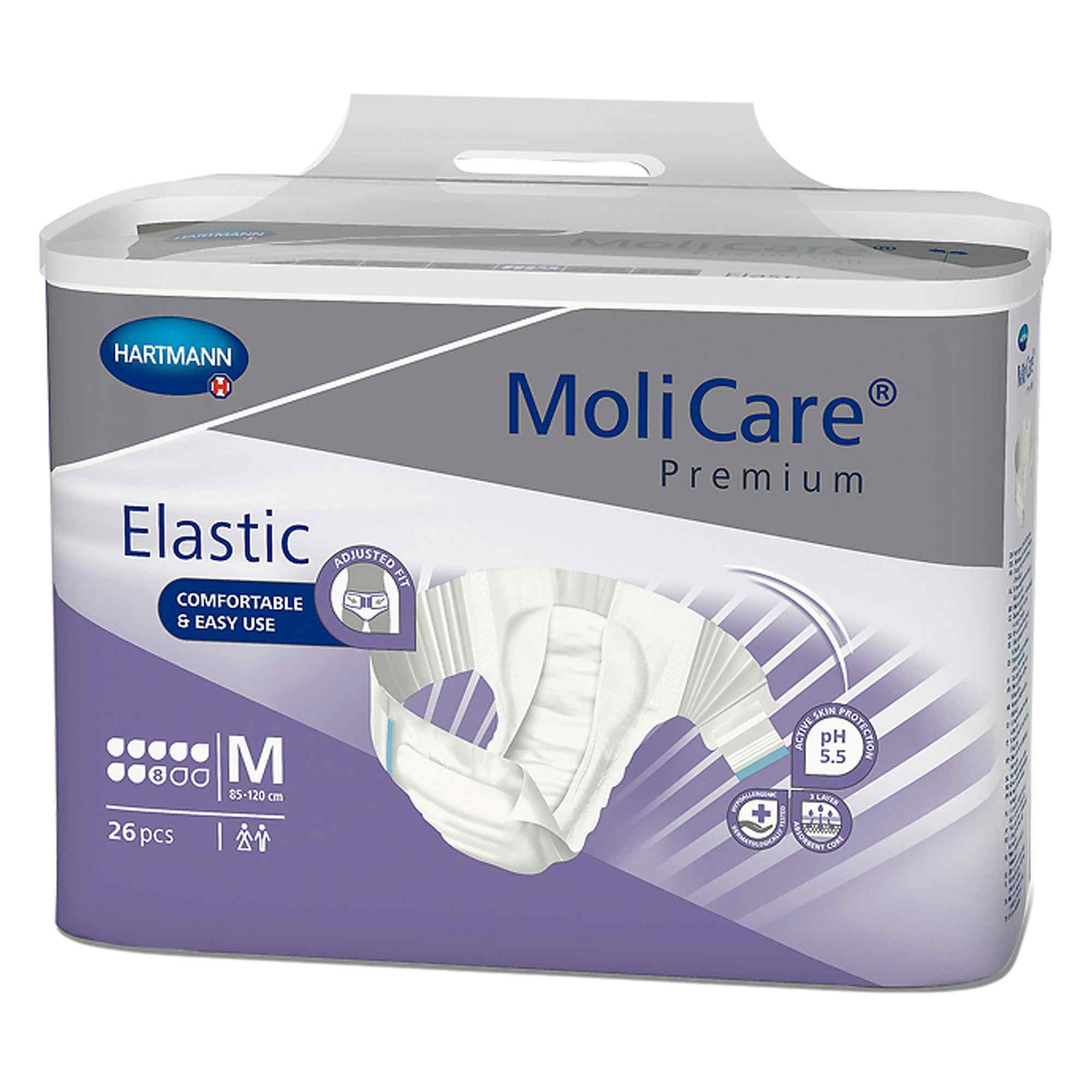 MoliCare Premium 8D Elastic Disposable Brief Adult Diapers with Tabs, Heavy Absorbency, 165472, Medium (33-47") - Case of 67