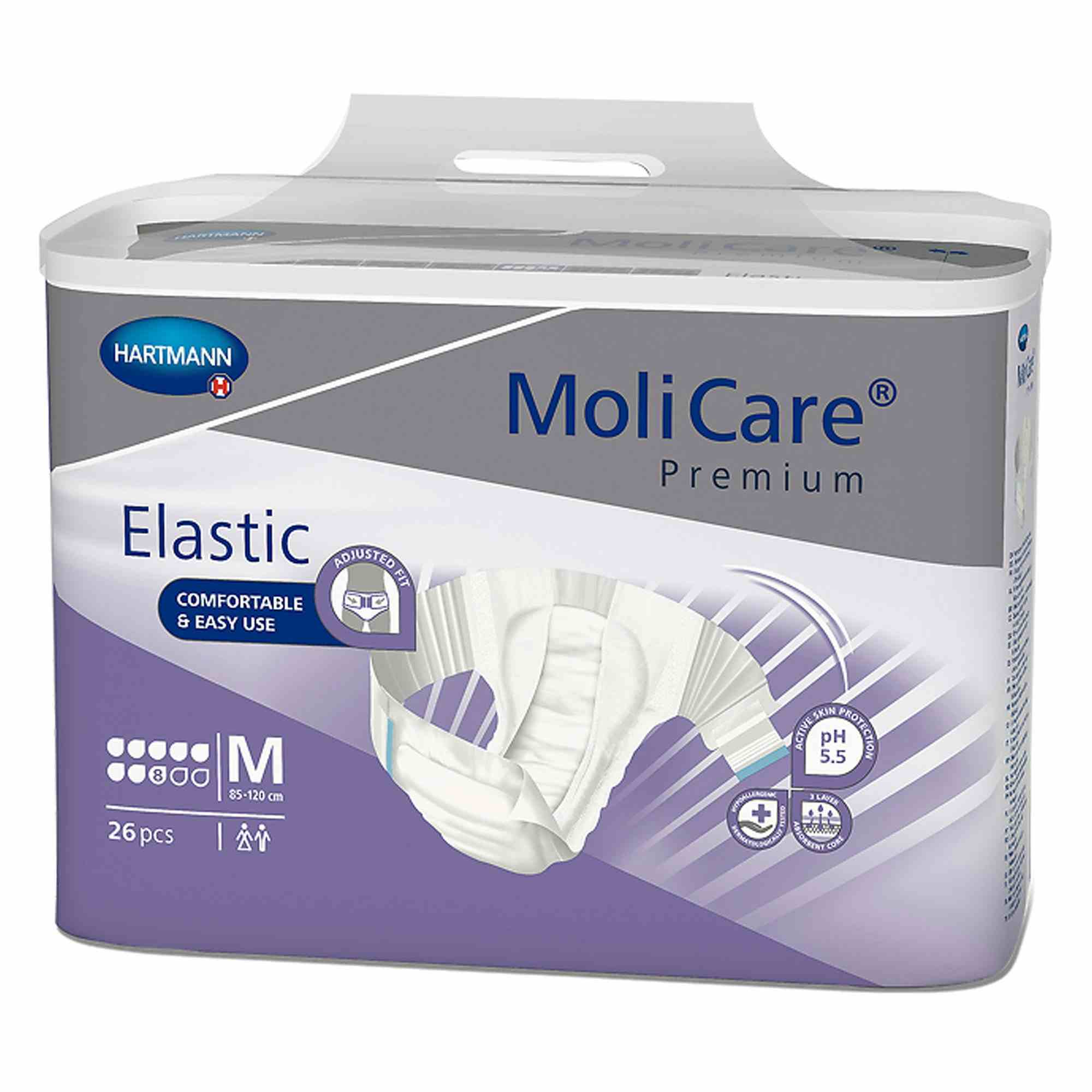 MoliCare Premium 8D Elastic Disposable Brief Adult Diapers with Tabs, Heavy Absorbency, 165472, Medium (33-47") - Case of 78