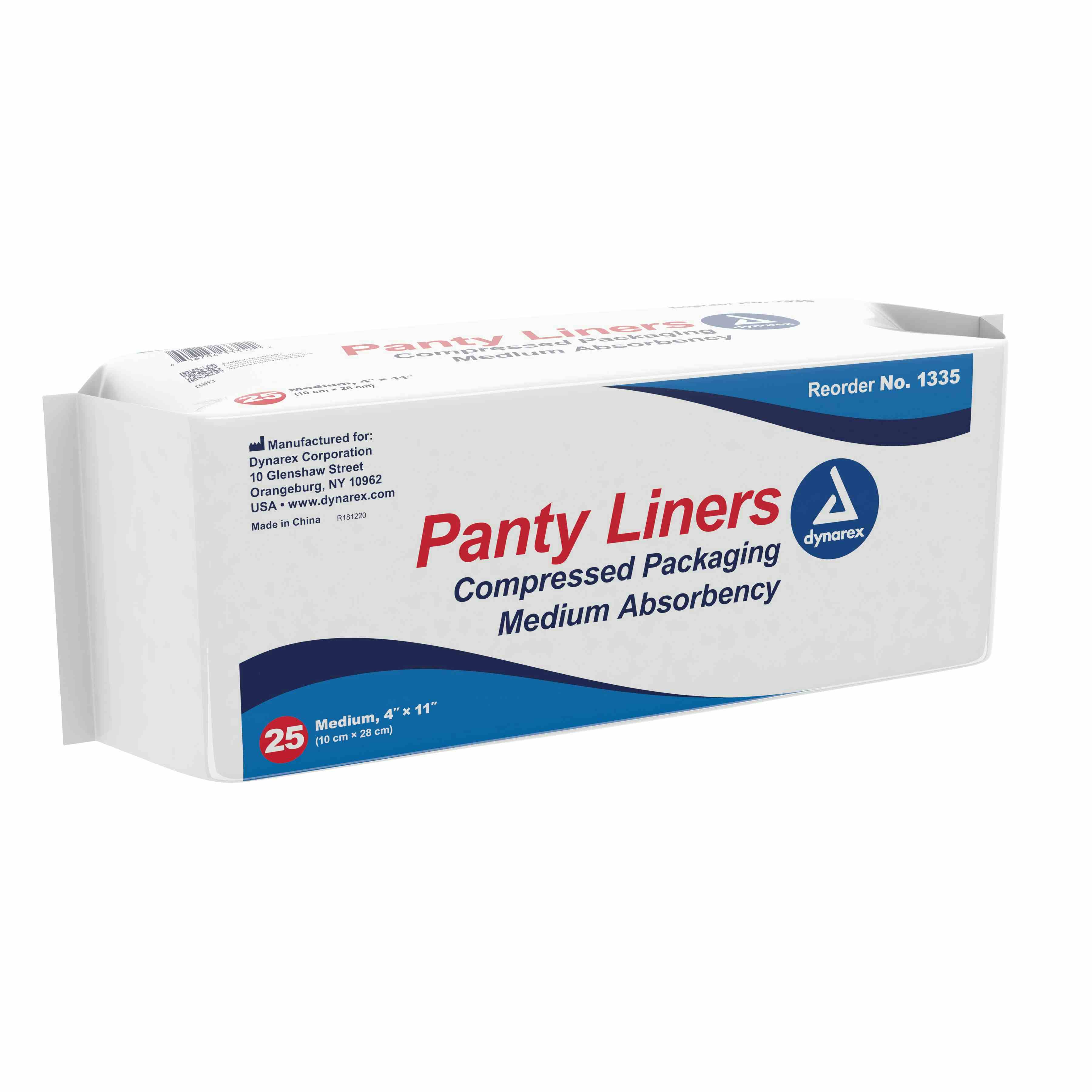 Dynarex Panty Liners, Moderate Absorbency, 1335, 4 X 11"- Case of 250 (10 Packs)