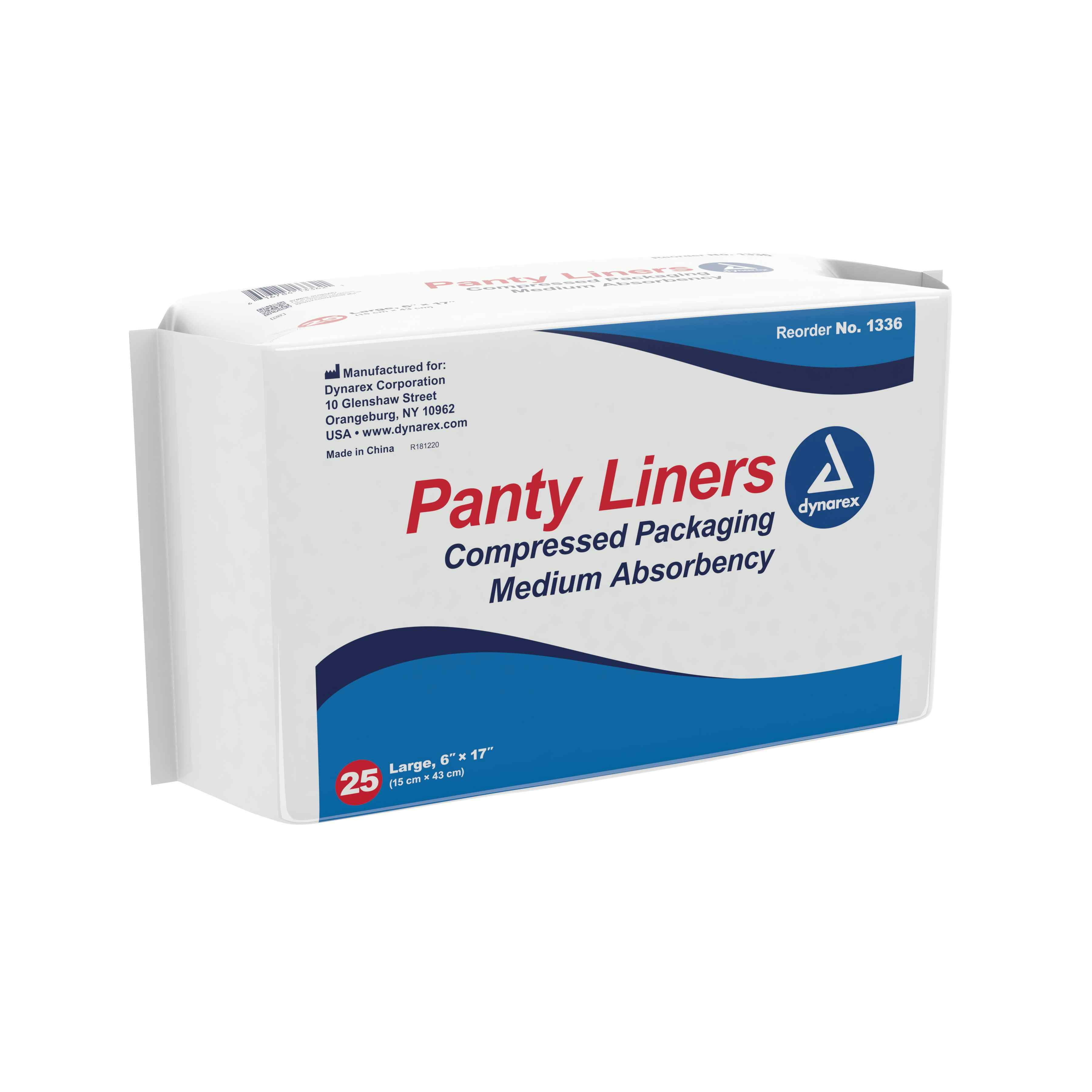 Dynarex Panty Liners, Moderate Absorbency, 1336, 6 X 17" - Case of 250 (10 Packs)