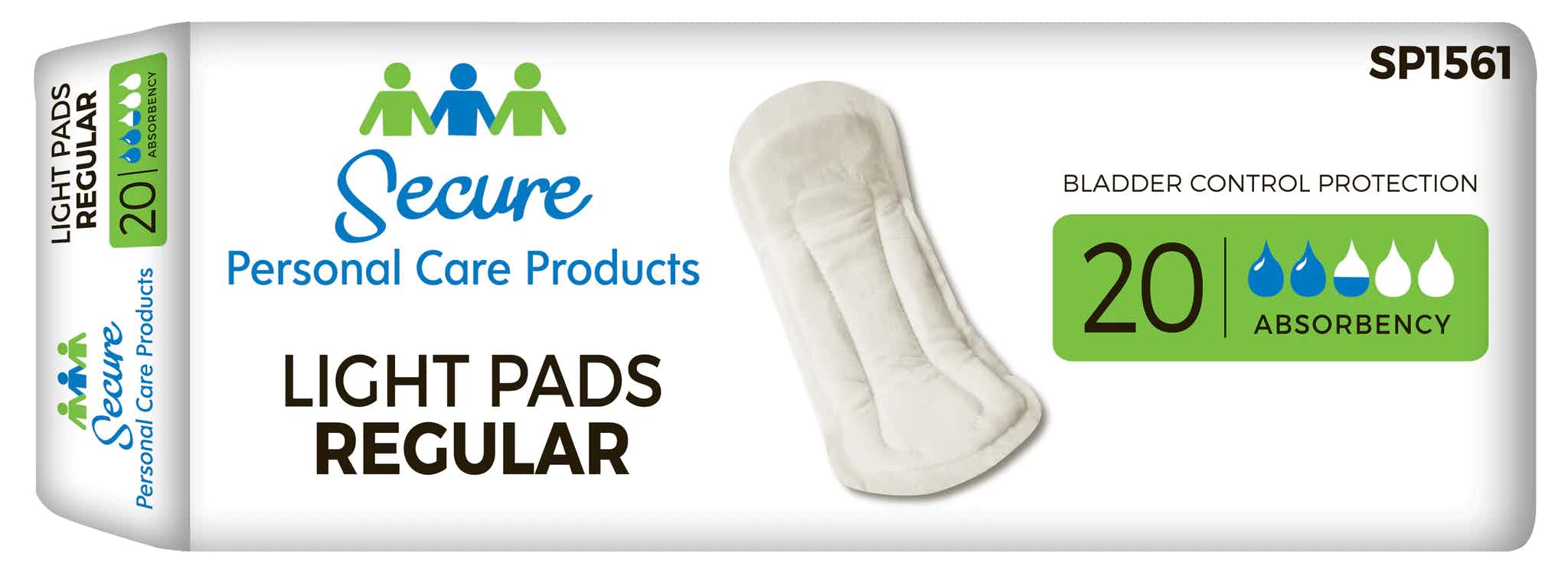 Secure Personal Care Products Women's Bladder Control Light Pads Regular, SP1561, 11" - Case of 180 (9 Bags)
