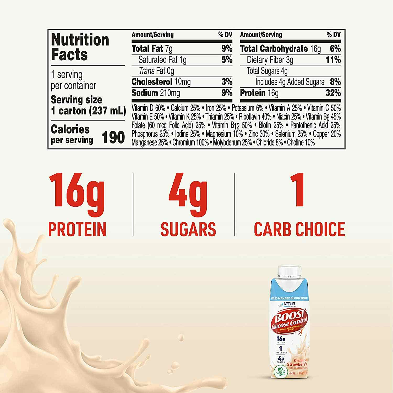 Boost Glucose Control Balanced Nutritional Drink, 8 oz., Carton, Creamy Strawberry