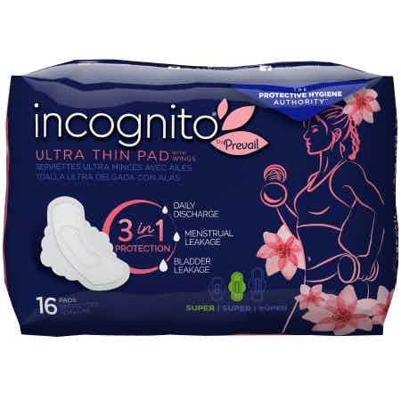 incognito by Prevail 3 in 1 Ultra Thin Pad with Wings, Super Absorbency, PVH-416, Case of 64 (4 Bags)