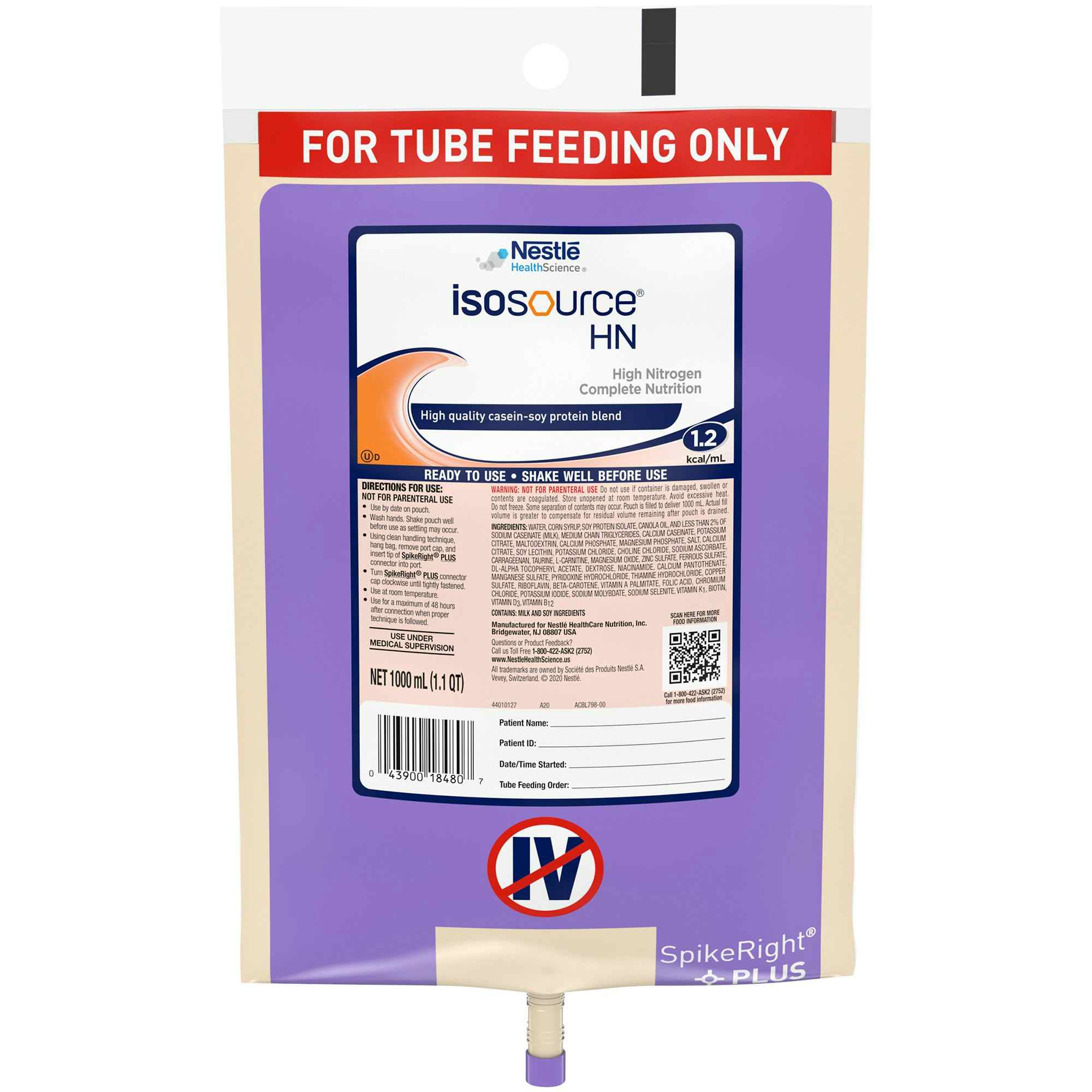 Nestle HealthScience Isosource HN High-Nitrogen Complete Nutrition Tube Feeding Formula, 10043900184804, 33.8 oz. - Case of 6