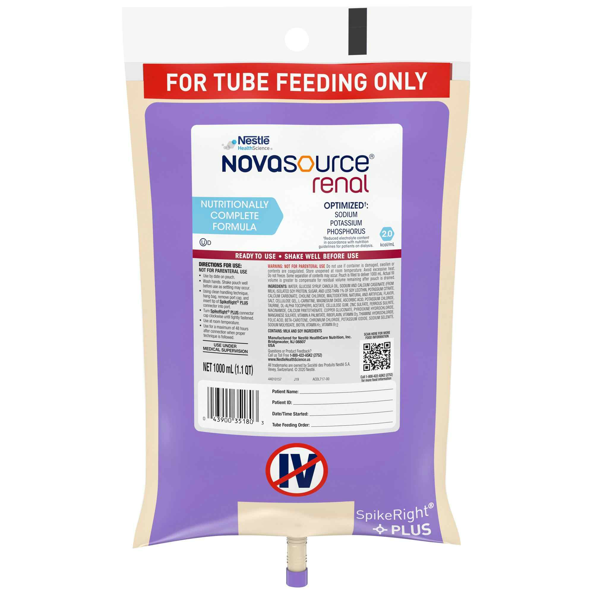 Nestle HealthScience Novasource Renal Optimized Tube Feeding Formula, 33.8 oz. , 10043900351800, Case of 6