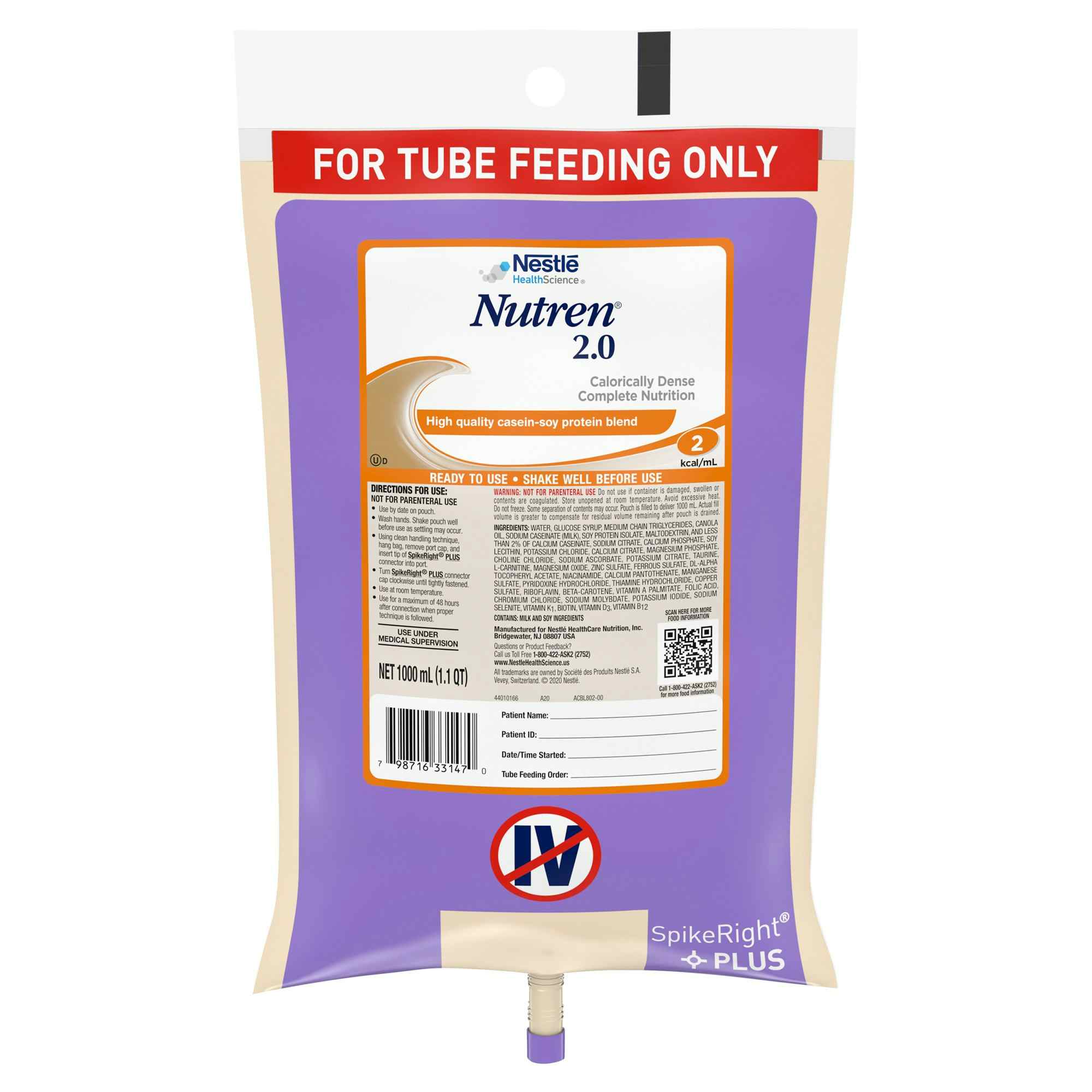Nestle HealthScience Nutren 2.0 Calorically Dense Complete Nutrition Tube Feeding Formula, 33.8 oz., 00798716441469, 1 Each