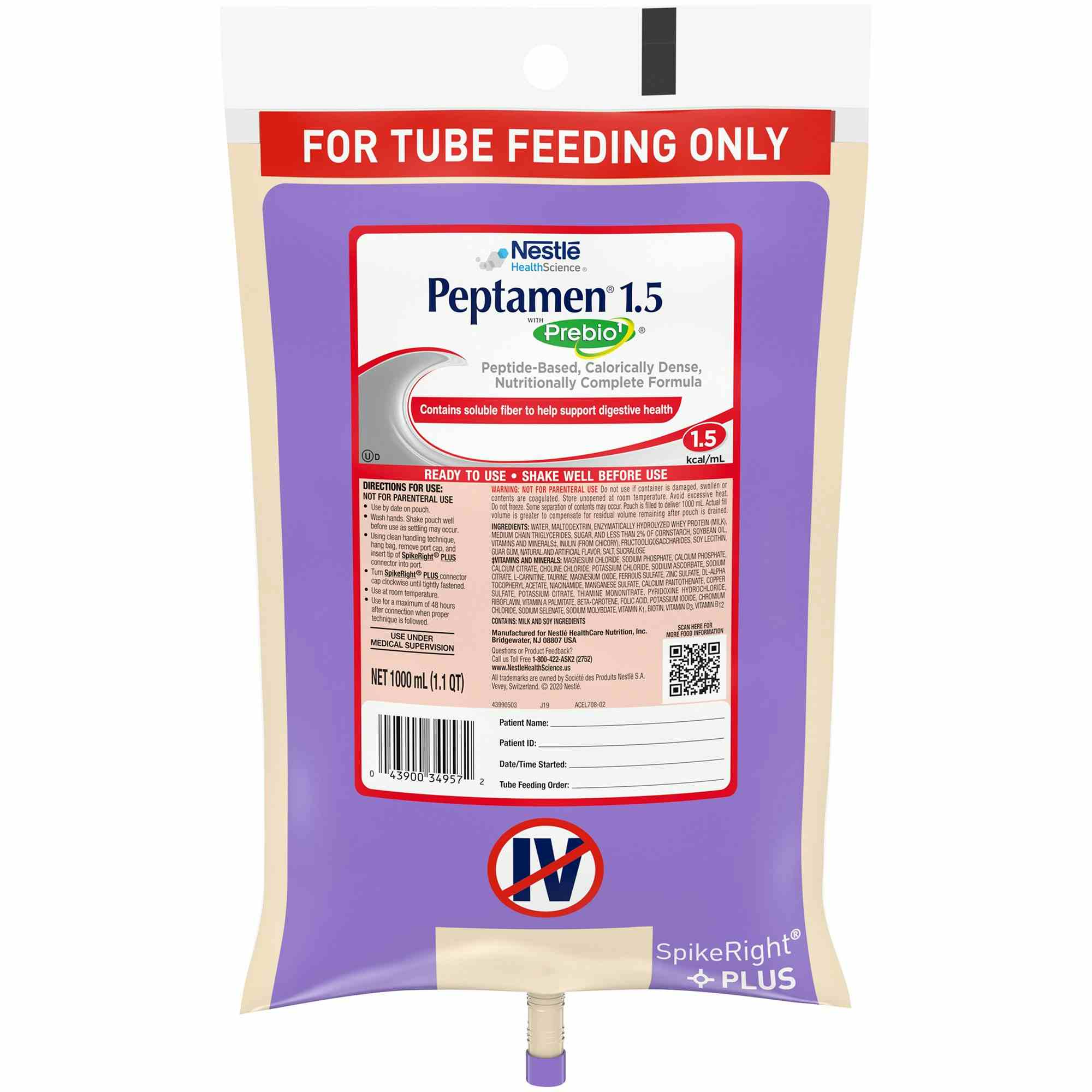 Nestle HealthScience Peptamen 1.5 with Prebio1 Peptide-Based Calorically Dense Nutritionally Complete Tube Feeding Formula, 33.8 oz. , 10043900349579, Case of 6
