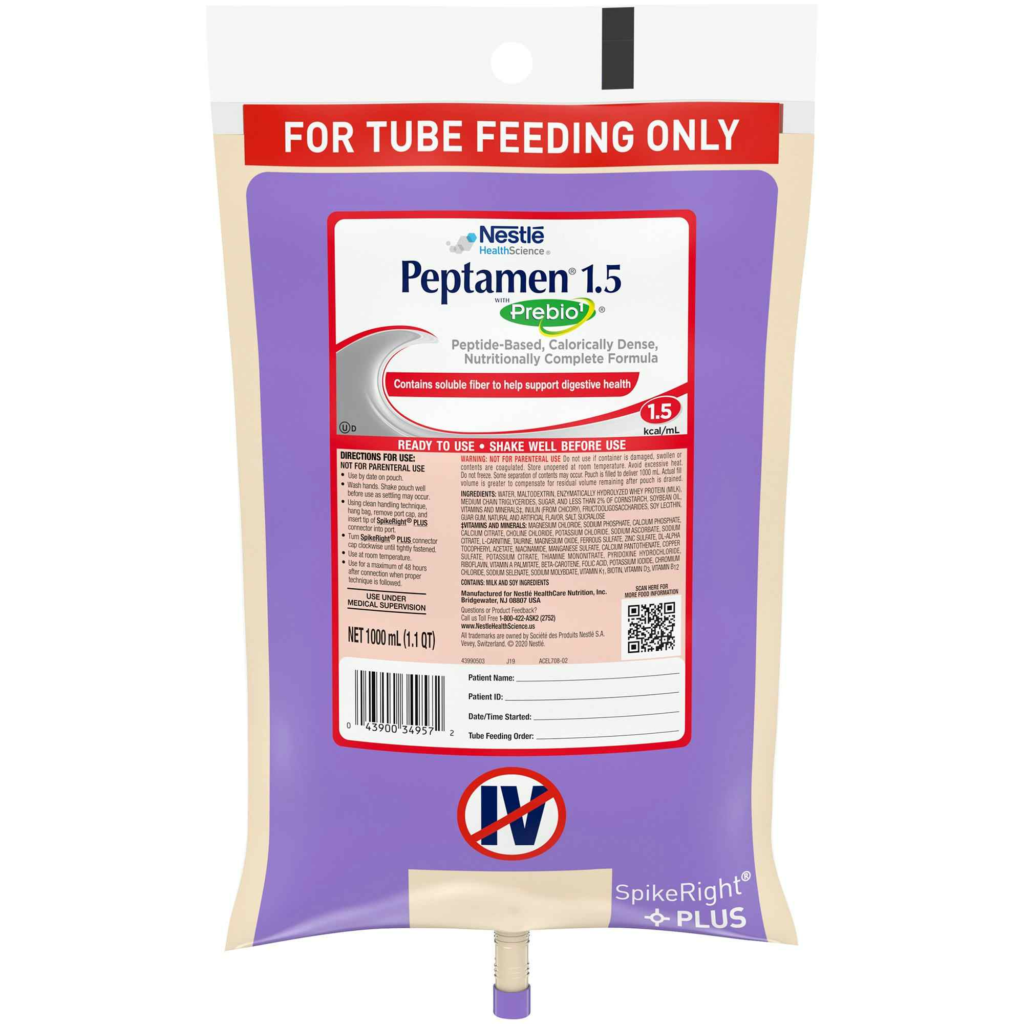 Nestle HealthScience Peptamen 1.5 with Prebio1 Peptide-Based Calorically Dense Nutritionally Complete Tube Feeding Formula, 33.8 oz. , 10043900349579, 1 Each