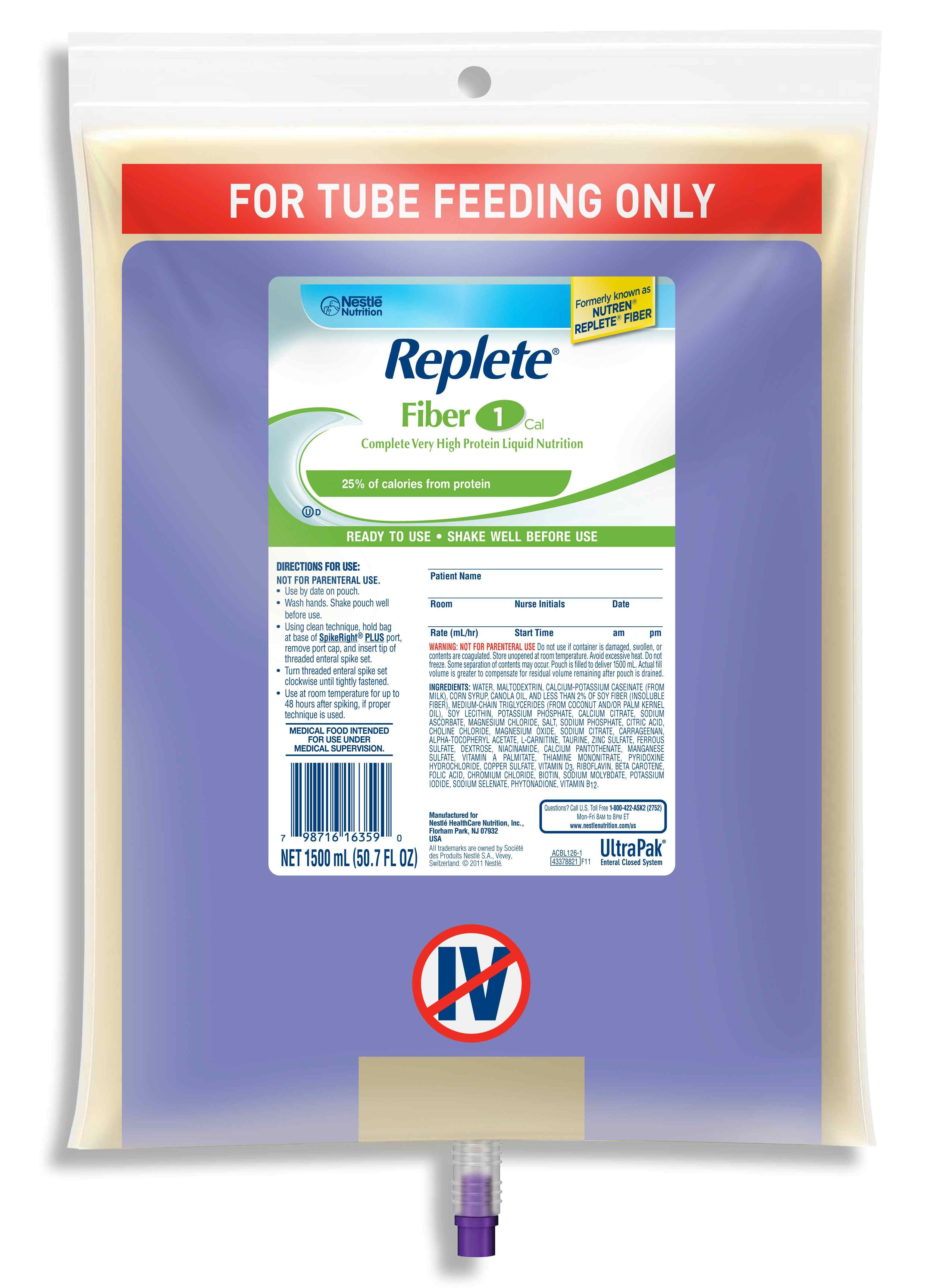 Nestle HealthScience Replete Fiber Very High Protein Complete Nutrition with Fiber Tube Feeding Formula, 10798716263594, 50.7 oz. - Case of 4