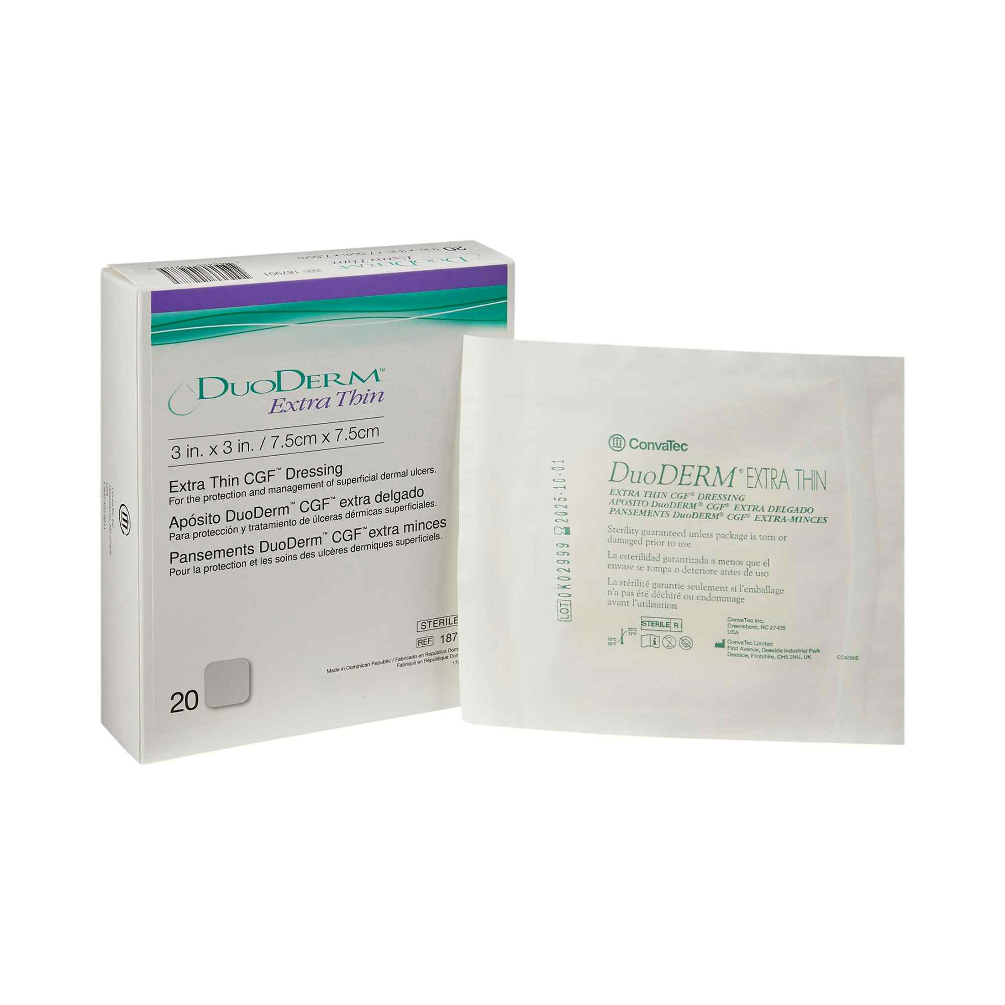 DuoDERM Extra Thin Hydrocolloid Dressing, 3" X 3", Square Sterile, 187901, Box of 20