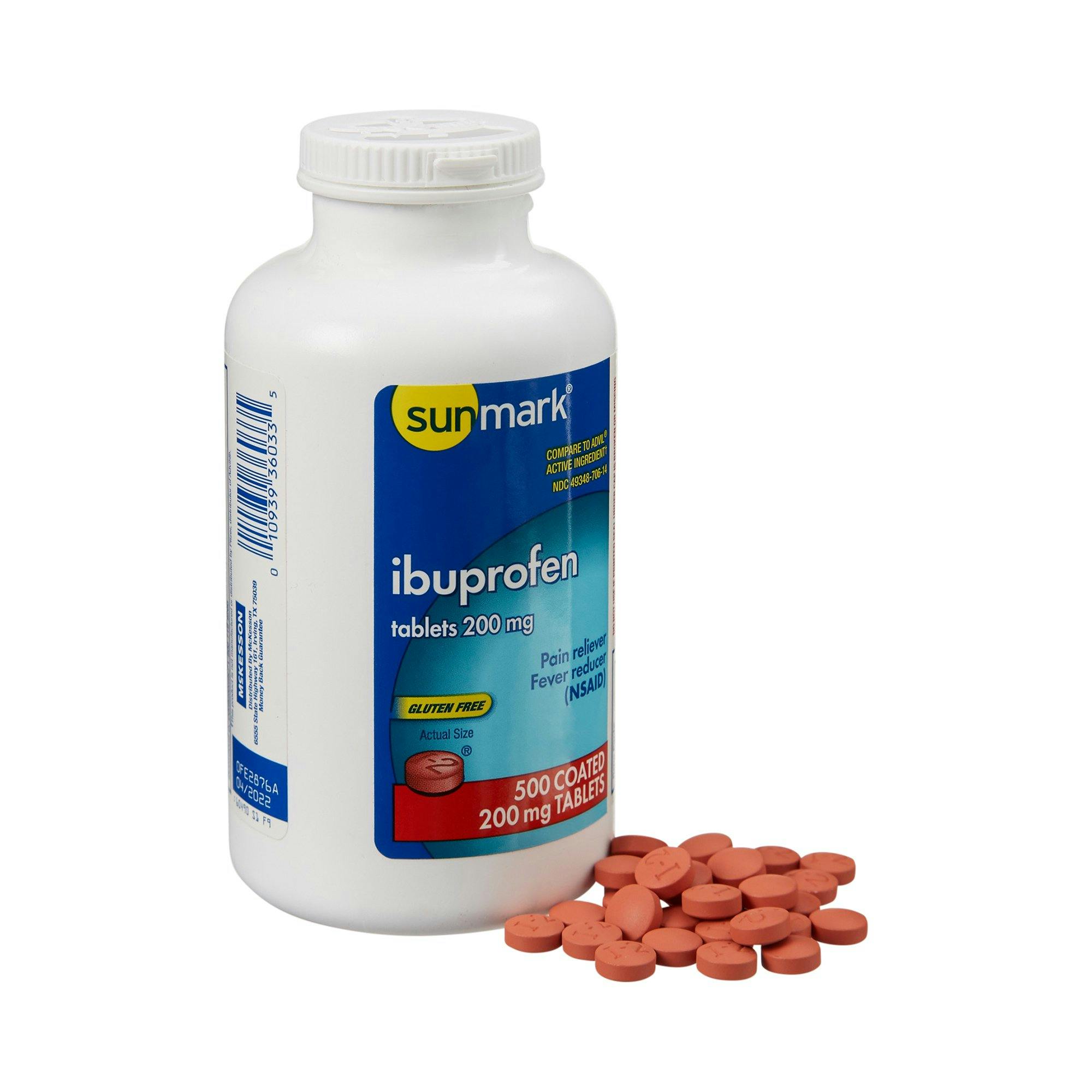 Sunmark Ibuprofen Pain Relief, 200 mg Strength, 500 per Bottle, 49348070614, 1 Bottle