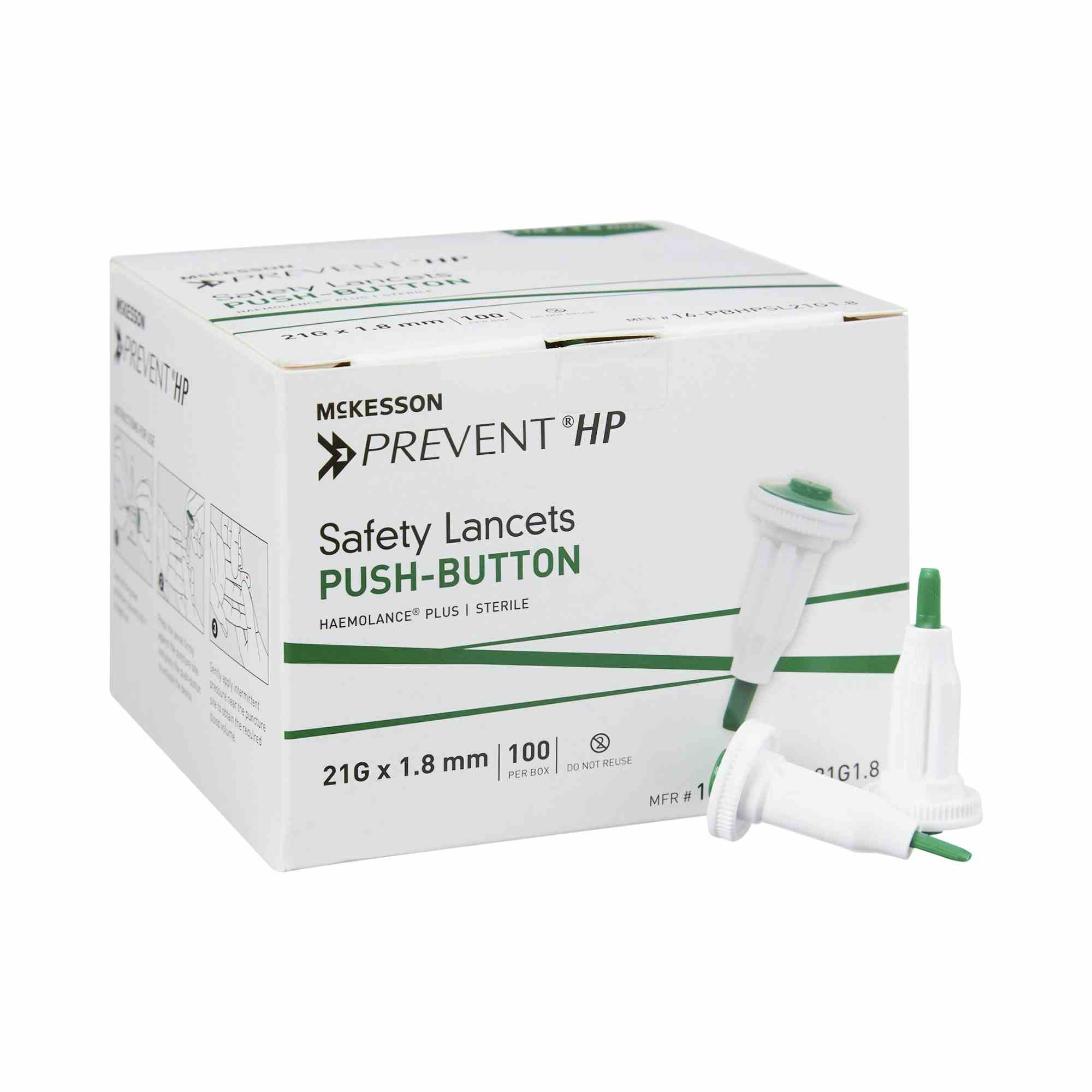 McKesson Prevent HP Safety Lancets, Push Button 21G Needle, 1.8 mm, 16-PBHPSL21G1.8, Box of 100