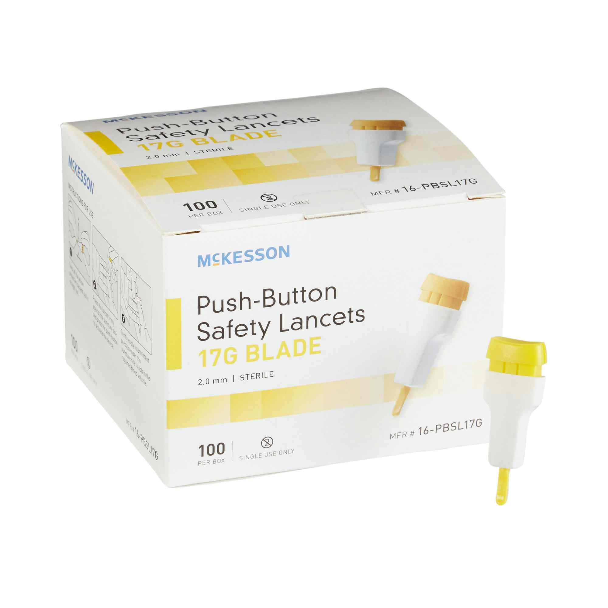 McKesson Push Button Safety Lancets, 17G Needle, 2.0 mm, 16-PBSL17G, Box of 100