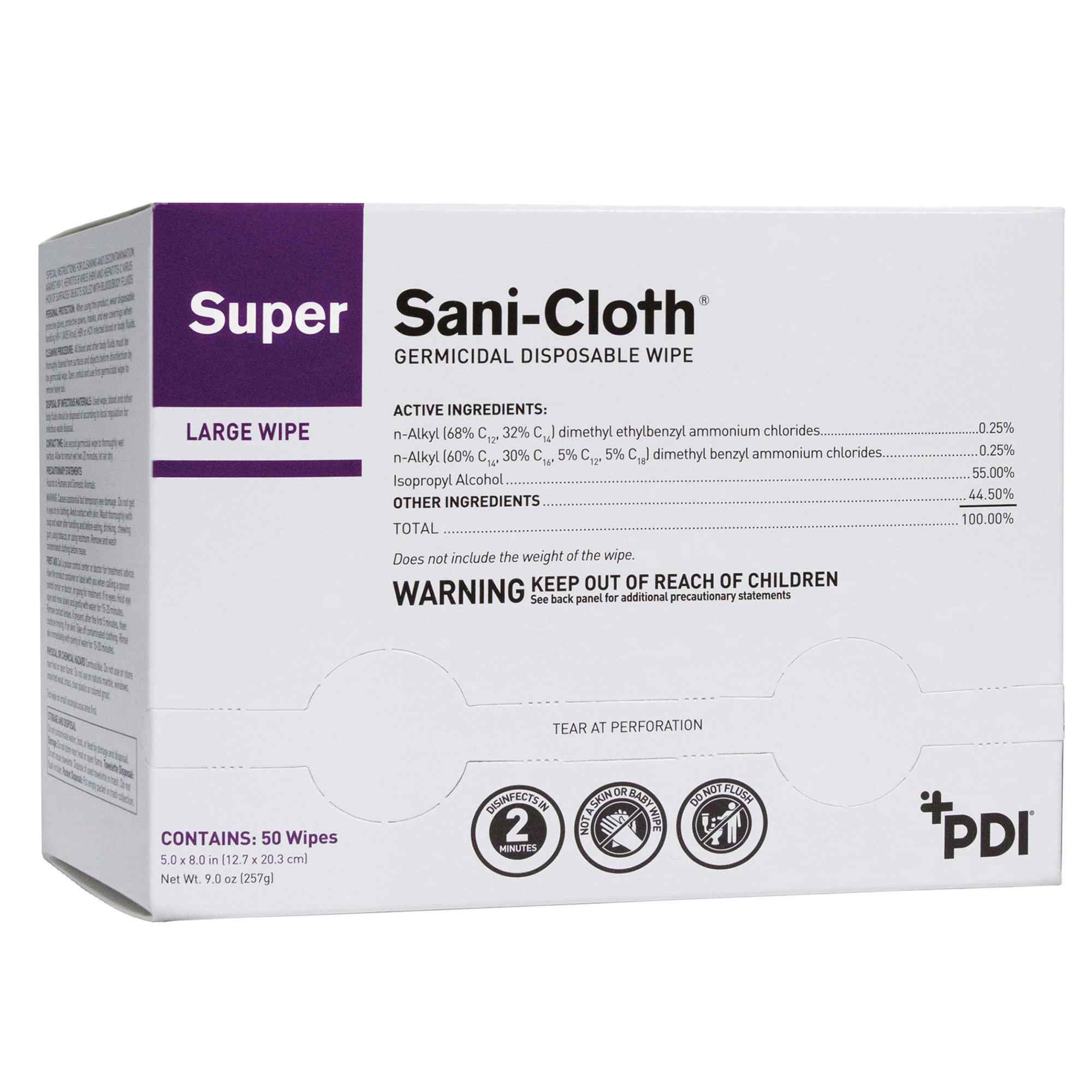 Super Sani-Cloth Germicidal Disposable Wipe, Alcohol Scent, NonSterile, H04082, 5 X 8" - Box of 50