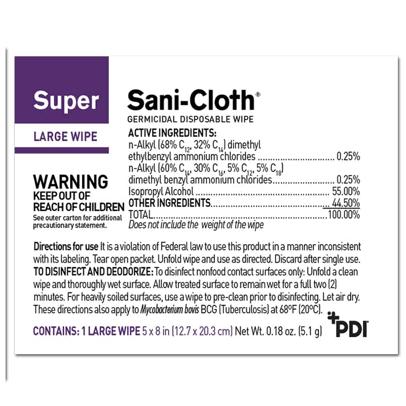 Super Sani-Cloth Germicidal Disposable Wipe, Alcohol Scent, NonSterile, Q55172, 6" X 6-3/4" Canister - Count of 160, Ingredients