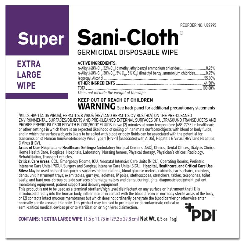 Super Sani-Cloth Germicidal Disposable Wipe, Alcohol Scent, NonSterile, Q86984, 7-1/2 X 15" Canister - Count of 65, ingredients