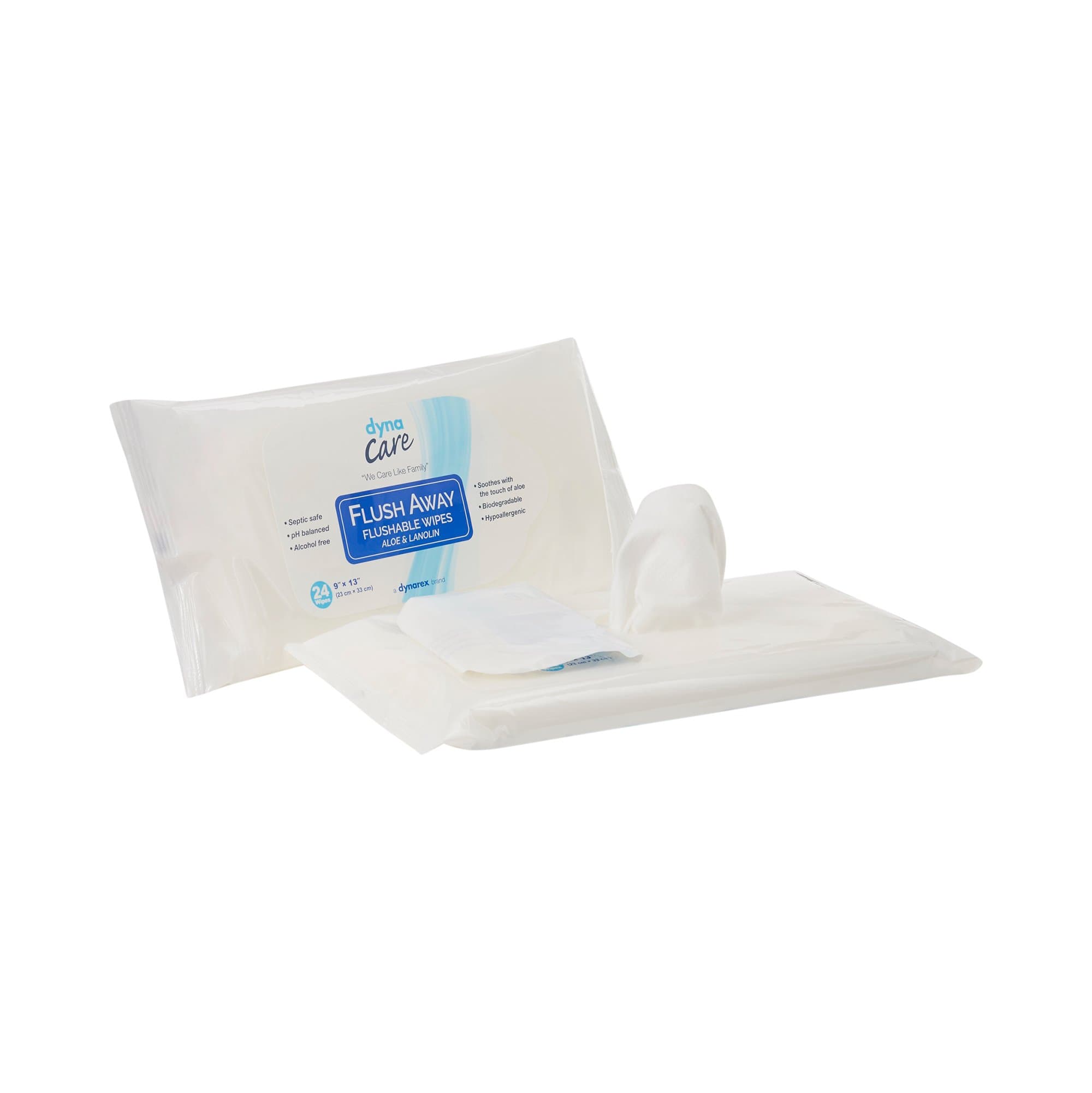 DynaCare Flush Away Flushable Wipes, Aloe/Lanolin Scented, 1322, Pack of 24