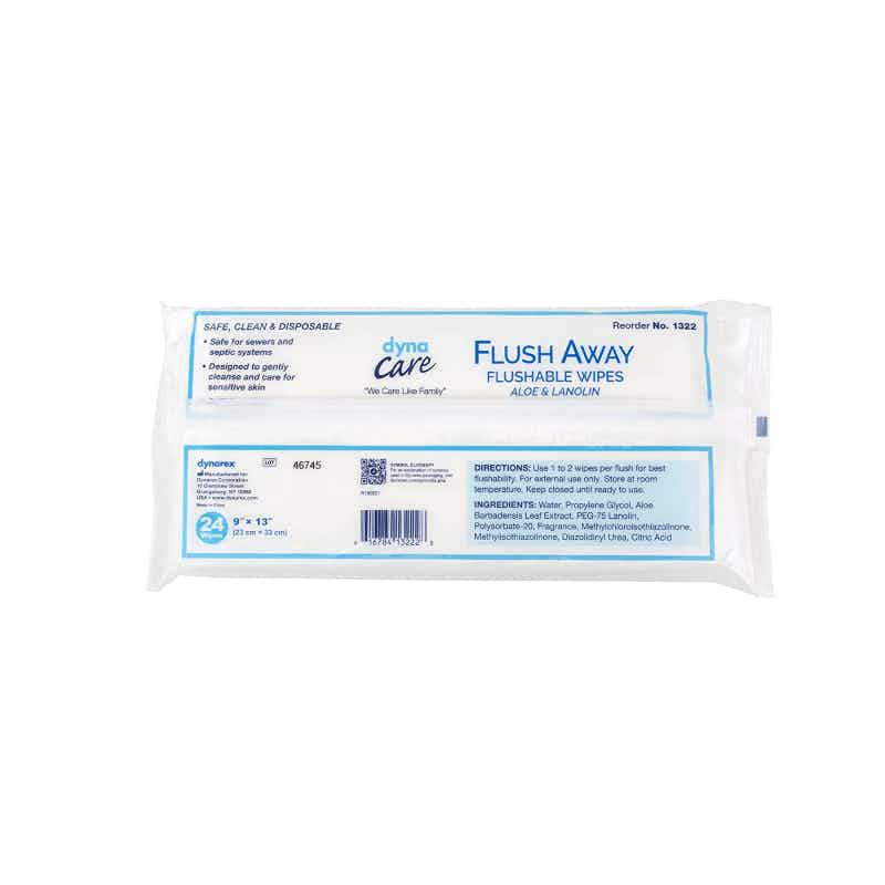 DynaCare Flush Away Flushable Wipes, Aloe/Lanolin Scented, 1322, Pack of 24