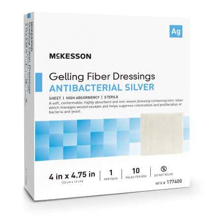 McKesson Gelling Fiber Dressings with Antibacterial Silver, 4 X 4-3/4" Rectangle, Sterile, 177400, Box of 10