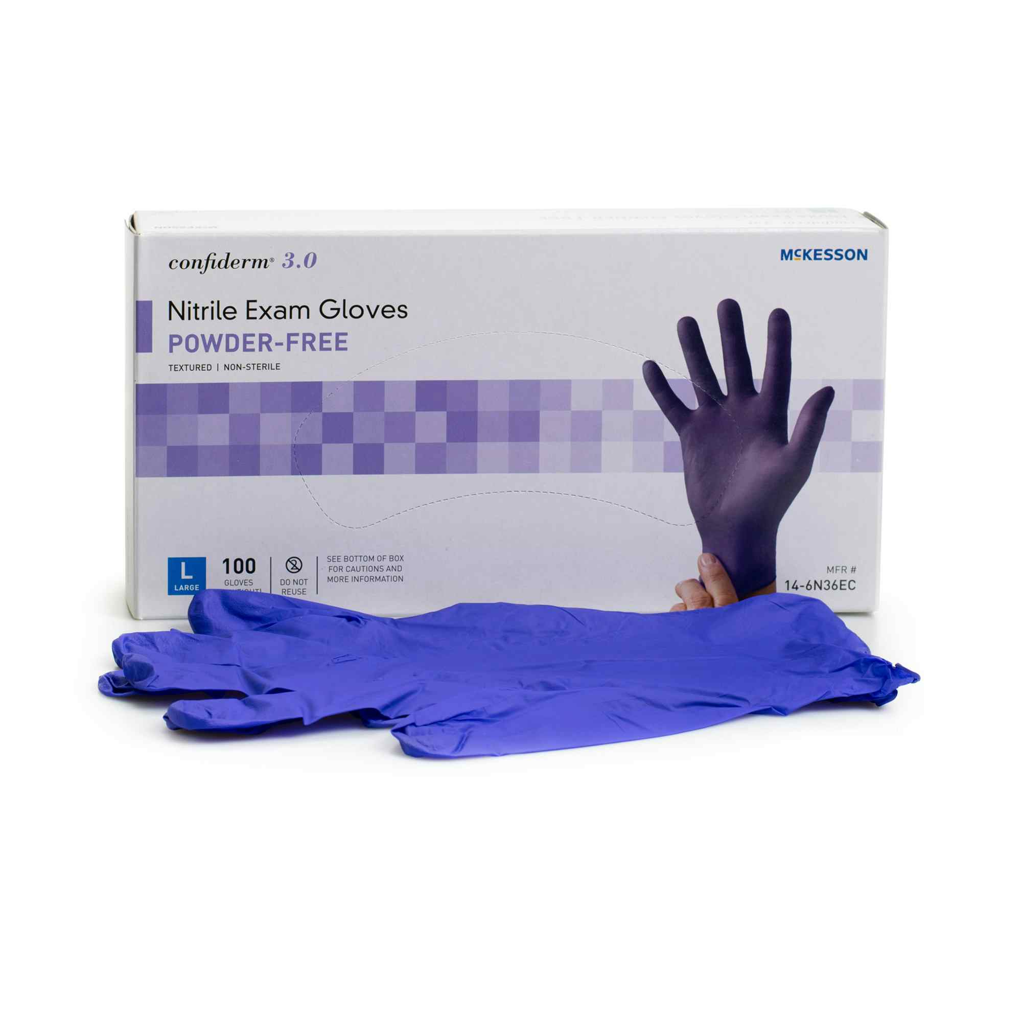 McKesson Confiderm 3.0 Nitrile Exam Gloves, Powder Free, 14-6N36EC, Large - Box of 100