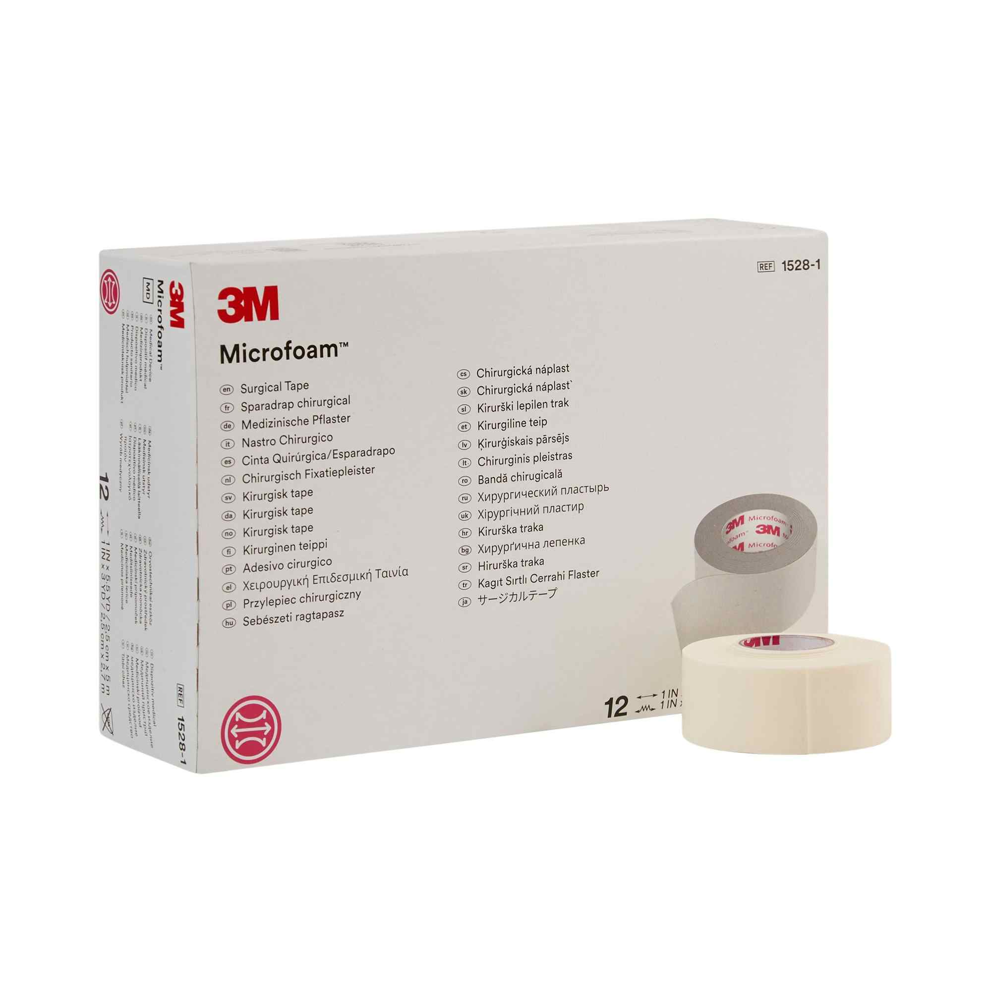 3M Microfoam Surgical Tape, Water-Resistant, Foam/Acrylic Adhesive, Elastic, 1 Inch x 5½ Yard, White, 1528-1, Box of 12