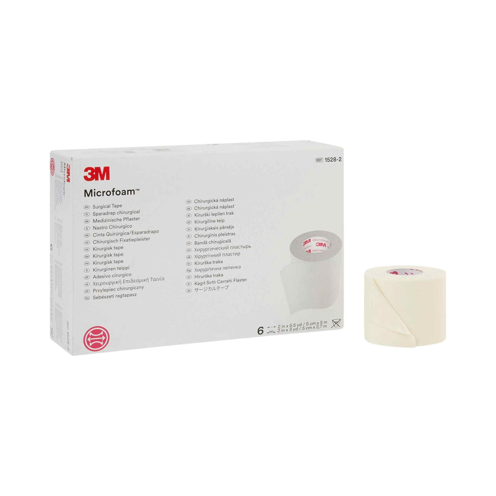 3M Microfoam Surgical Tape, Water-Resistant, Foam/Acrylic Adhesive, Elastic, 2 Inch X 5½ Yard, White, 1528-2, Box of 6