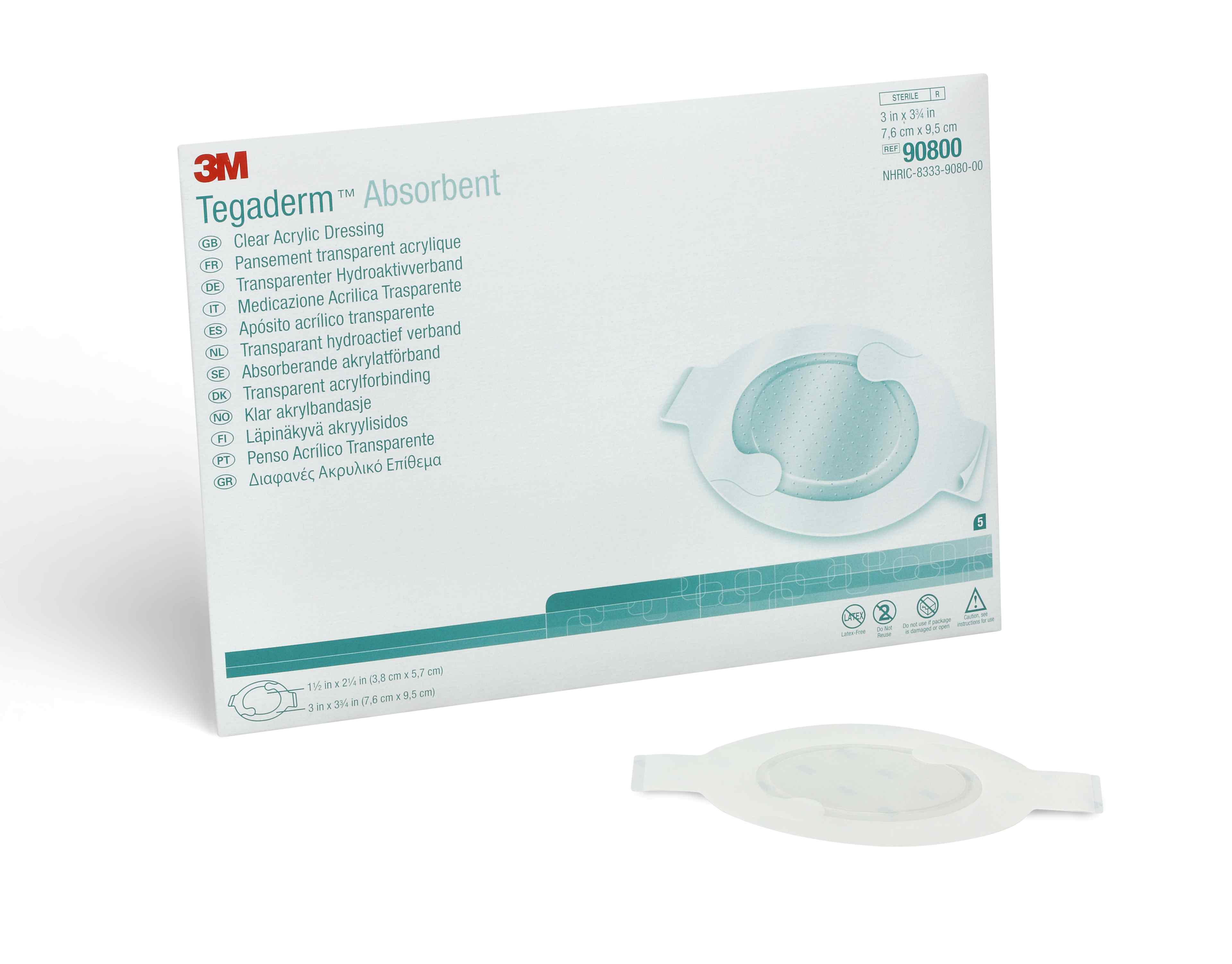 3M Tegaderm Absorbent Clear Acrylic Dressing, 3 X 3-1/4", 90800, Box of 5