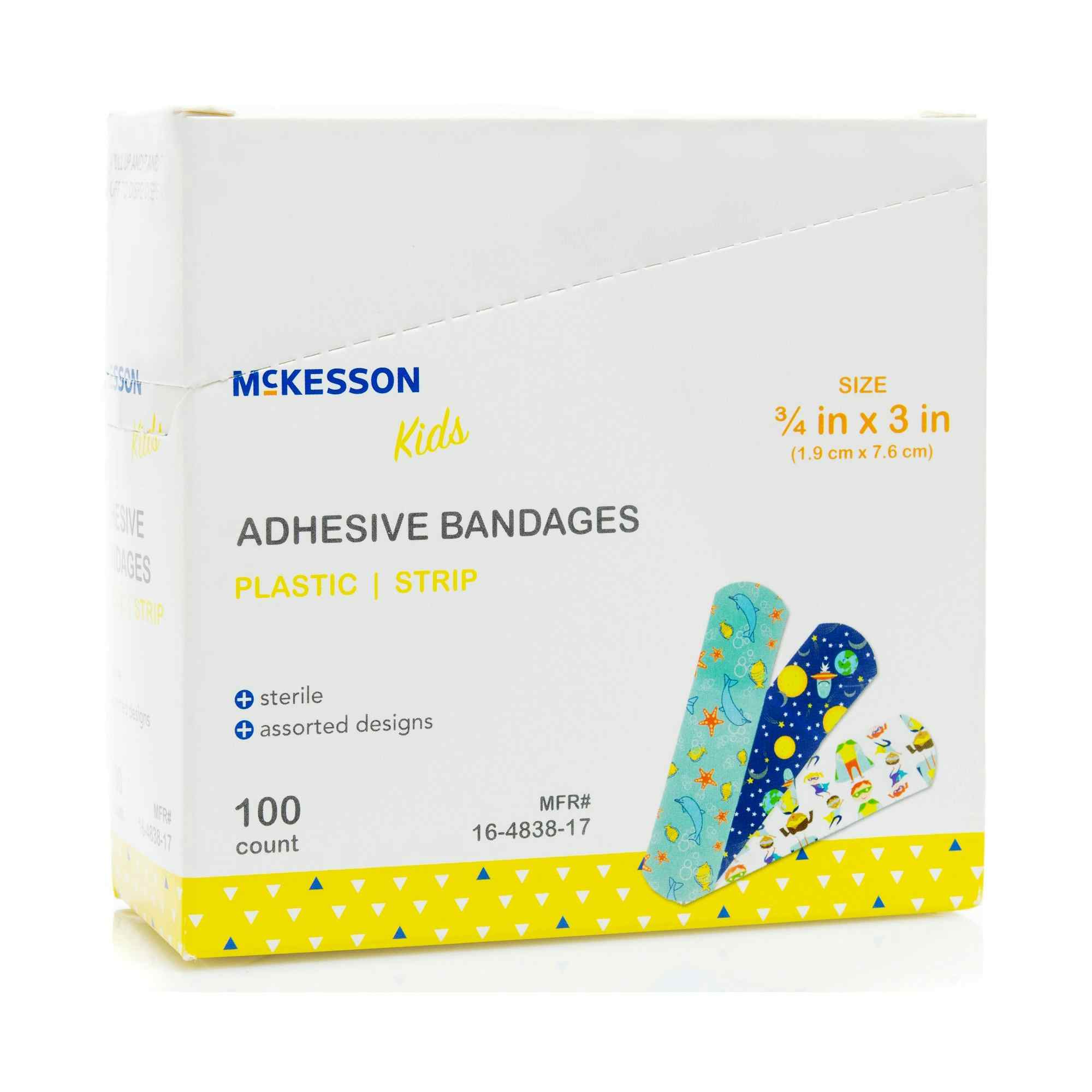 McKesson Kids Adhesive Plastic Strip Bandages, 3/4 X 3", 16-4838-17, Box of 100