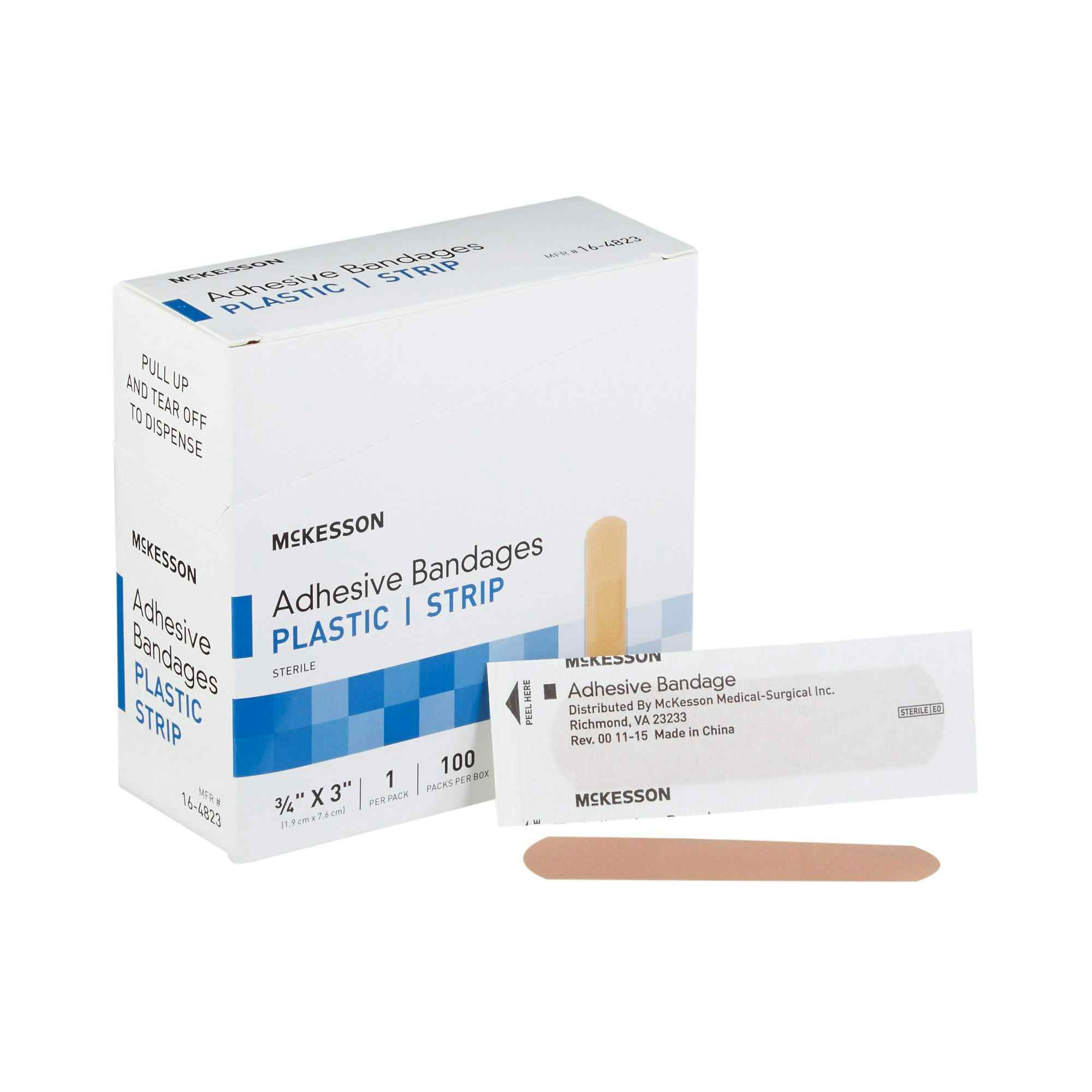 McKesson Adhesive Bandages Pastic Strip, 3/4 X 3", 16-4823, Box of 100